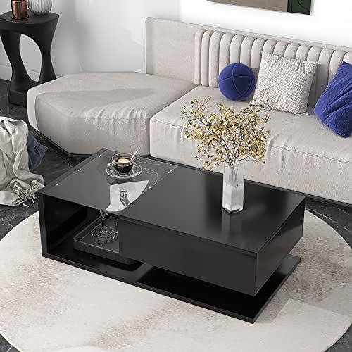 Black Rectangular Wood and Glass Coffee Table with Storage