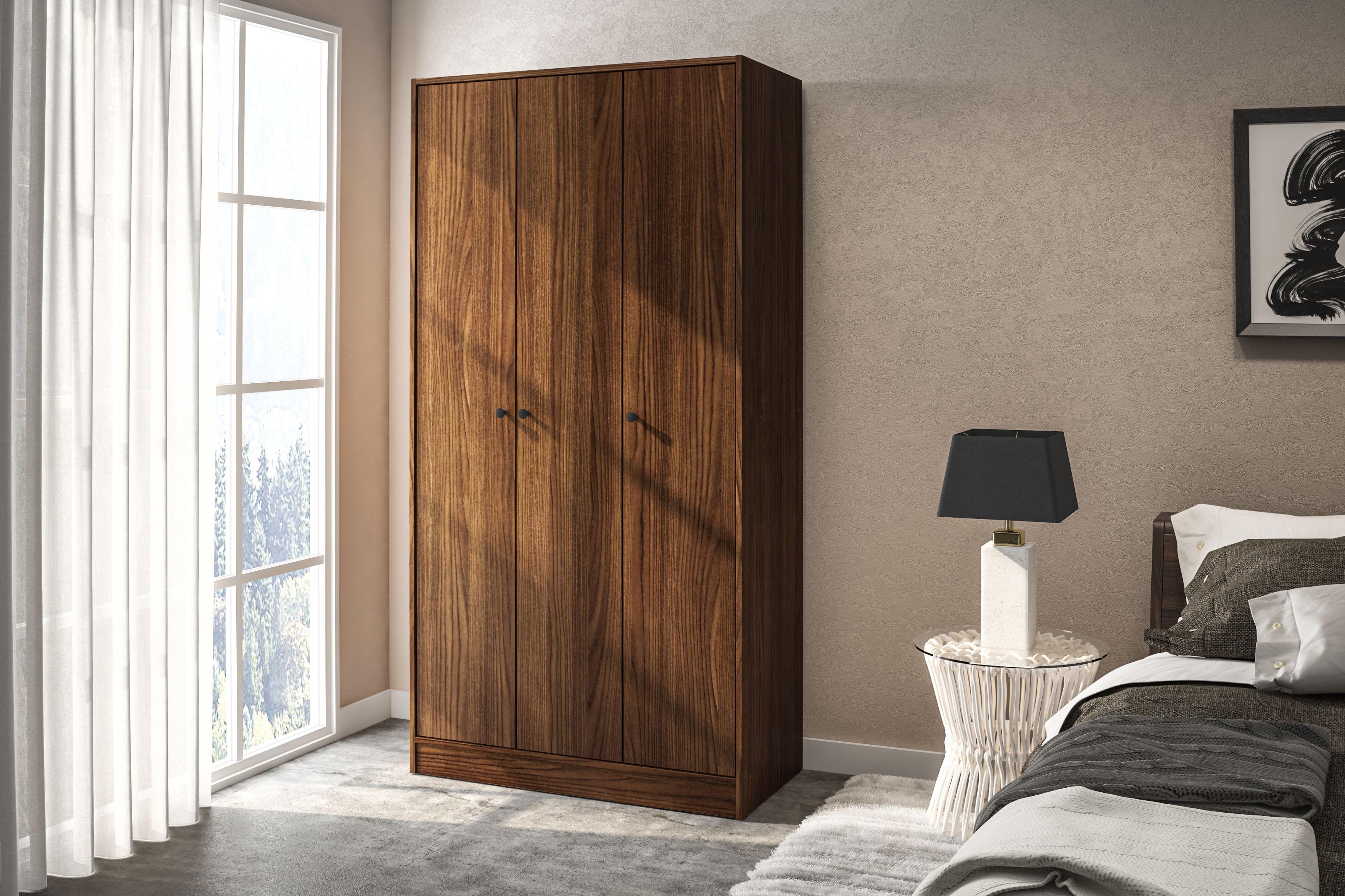 Polifurniture Denmark 71 in. 3 Door Bedroom Armoire with Shelves & Hanging Rod, Walnut