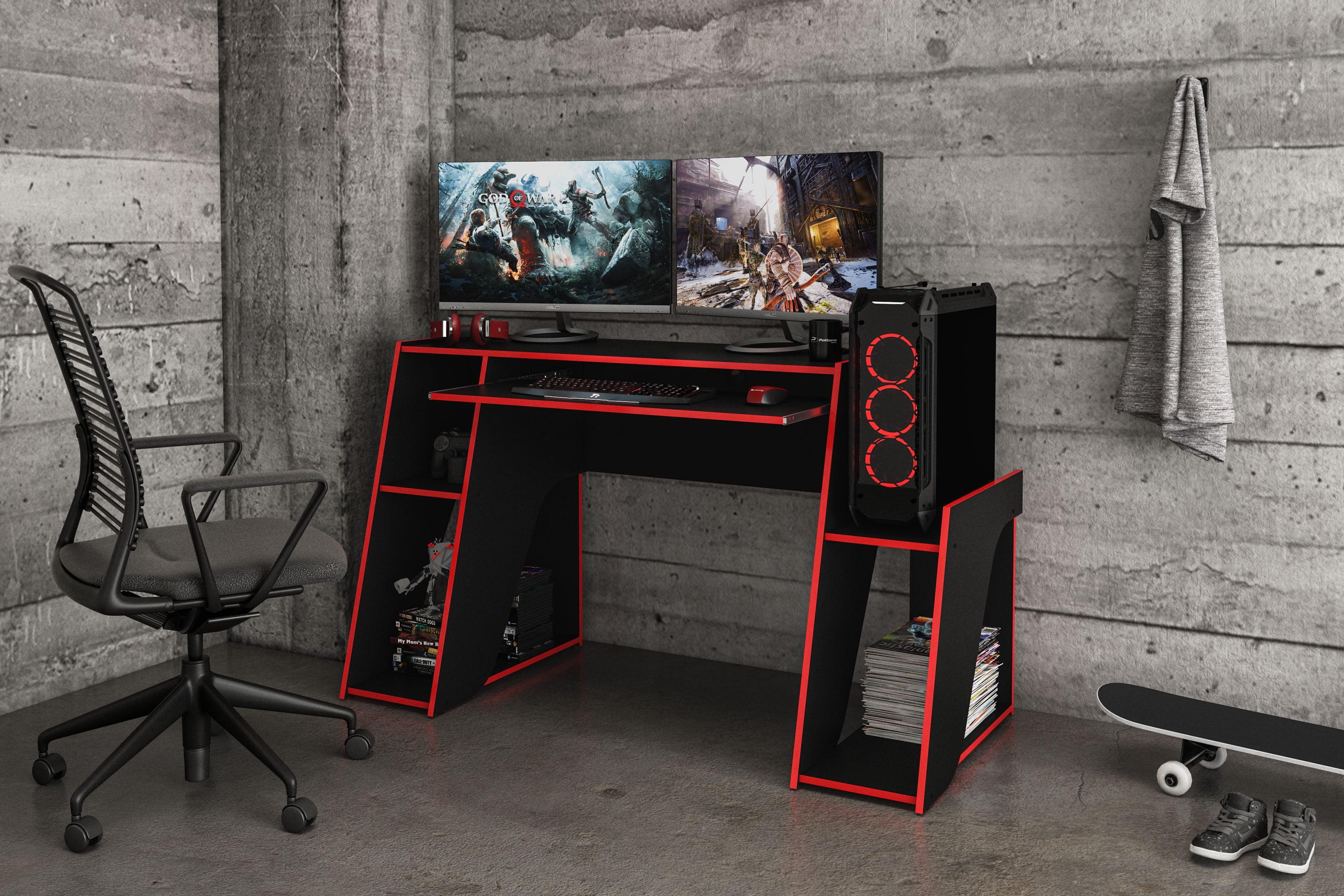 Polifurniture Kyoto Gaming Desk Black/Red : Modern Style, Adult Assembly, Open Storage Shelf, Wood Frame