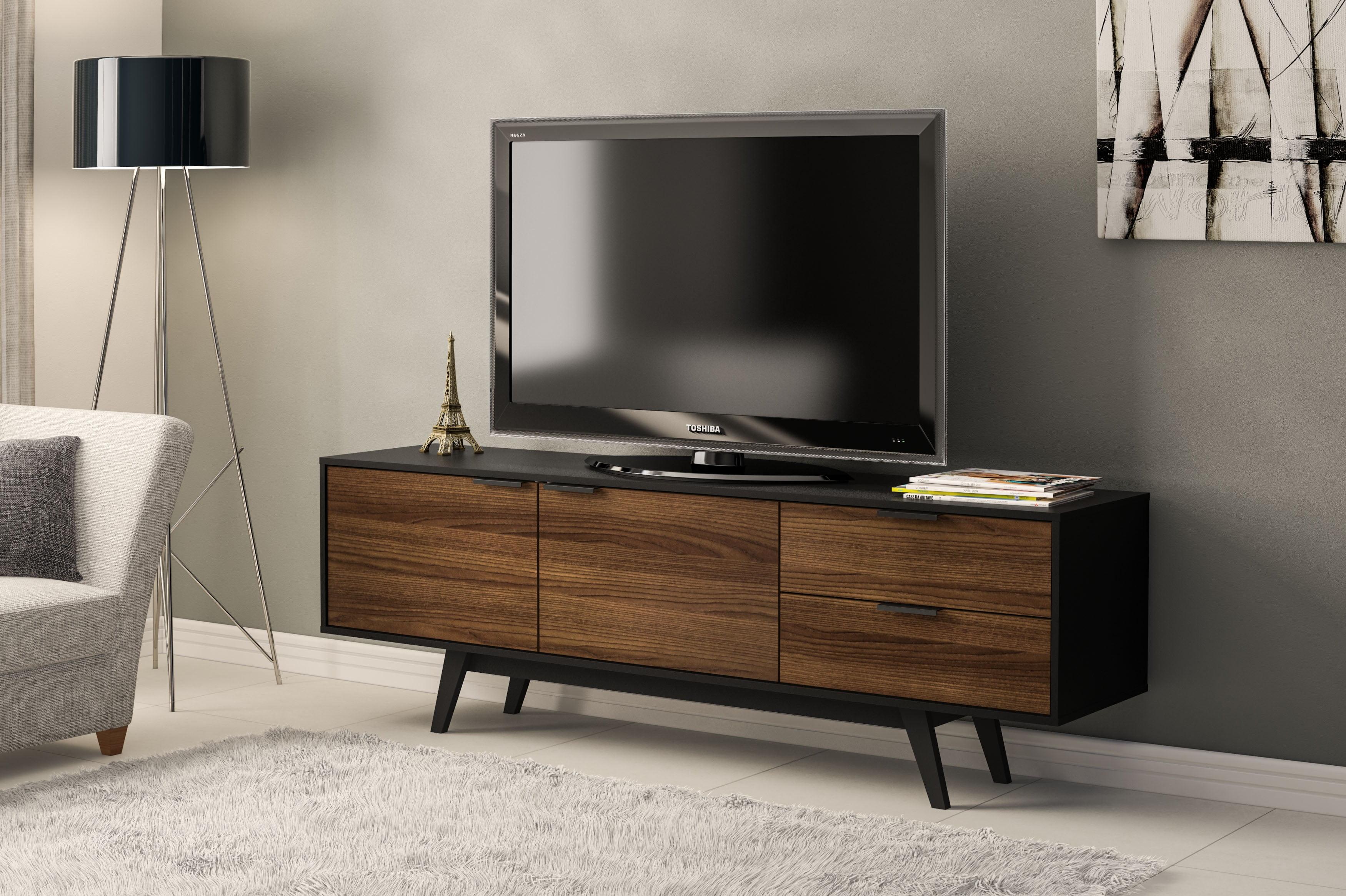 Laos TV Stand for TVs up to 78" Dark Brown/Black - Polifurniture: Entertainment Center with Storage Drawer