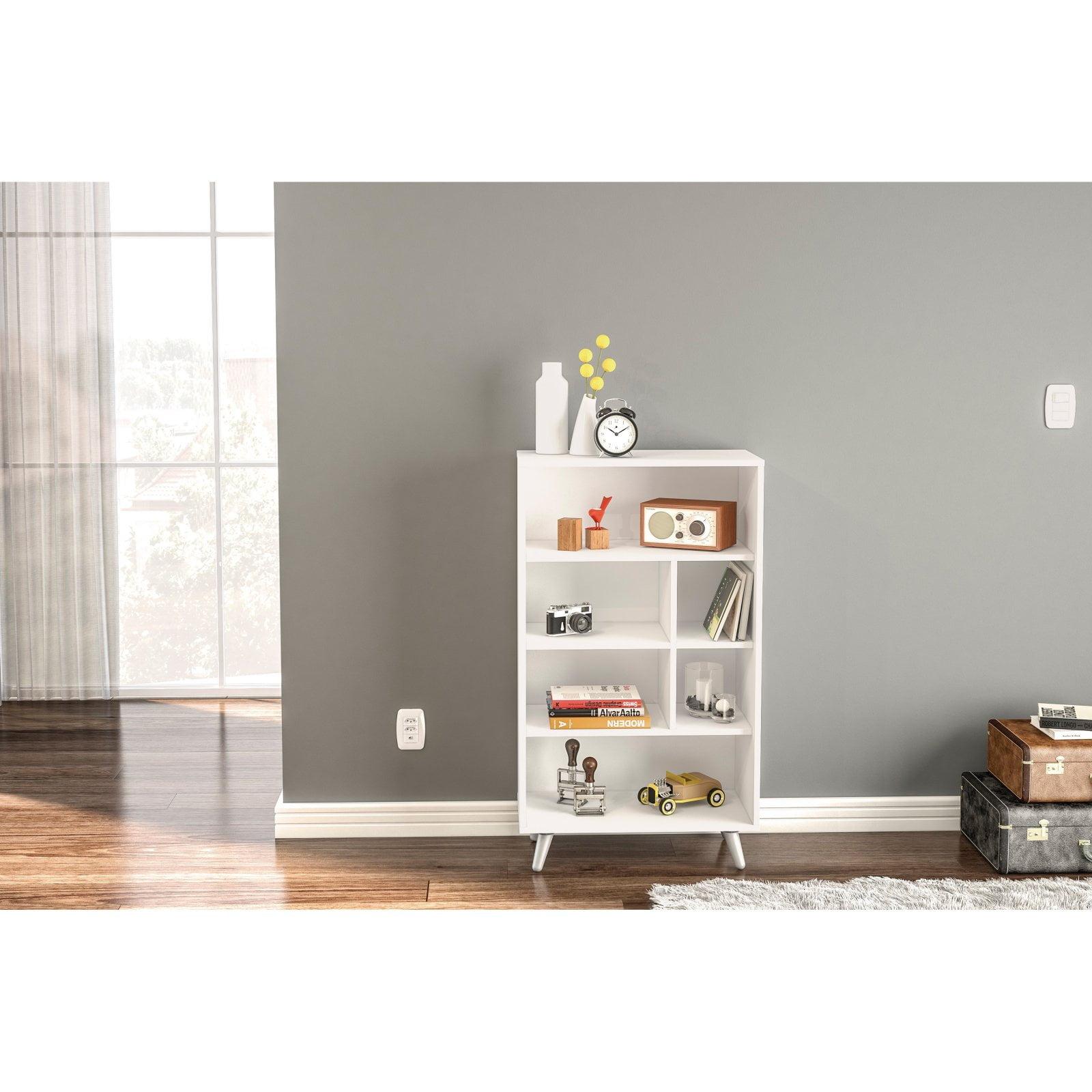 Sidney White 4-Shelf Bookcase with Cubes and Gray Legs