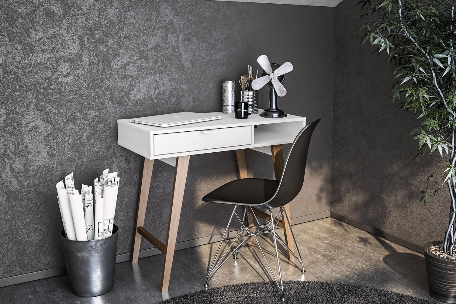 White Wood Writing Desk with Drawer and Open Shelf