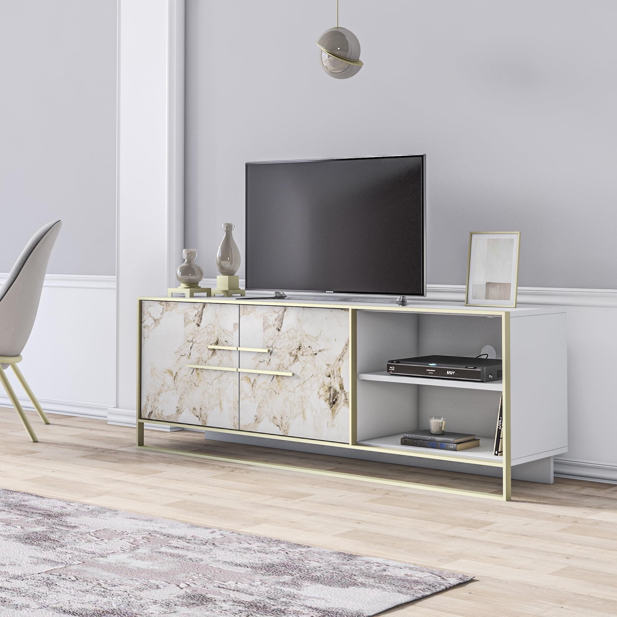 Polka Modern Metal Wood TV Stand for TVs up to 70", White & Marble Veneer
