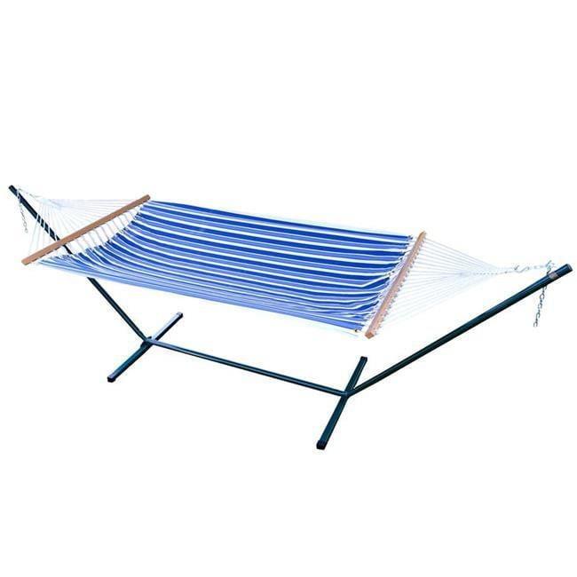 Blue and White Polyester Hammock with Steel Stand