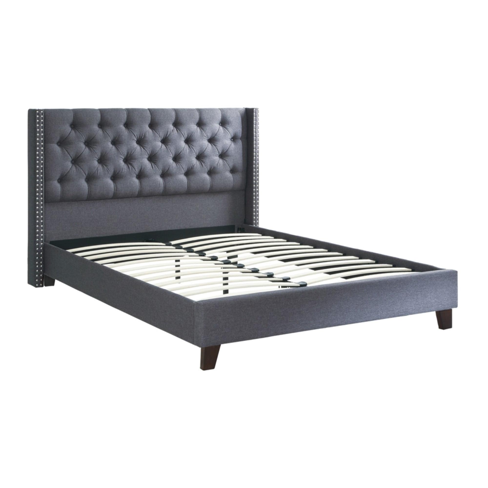 Luxury Blue Gray Queen Upholstered Bed with Nailhead Trim