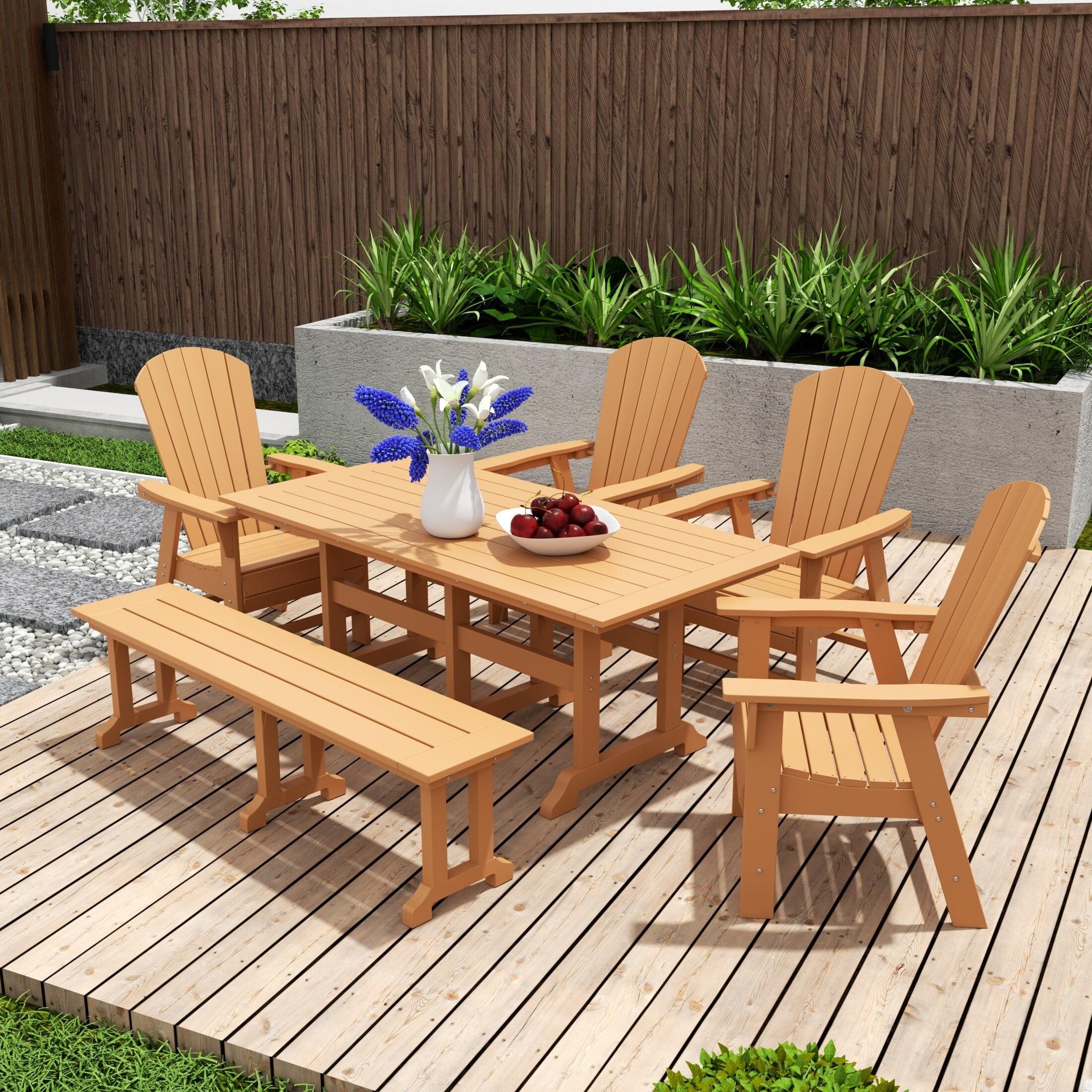 Teak Beige 6-Piece Rectangular Outdoor Dining Set with Bench