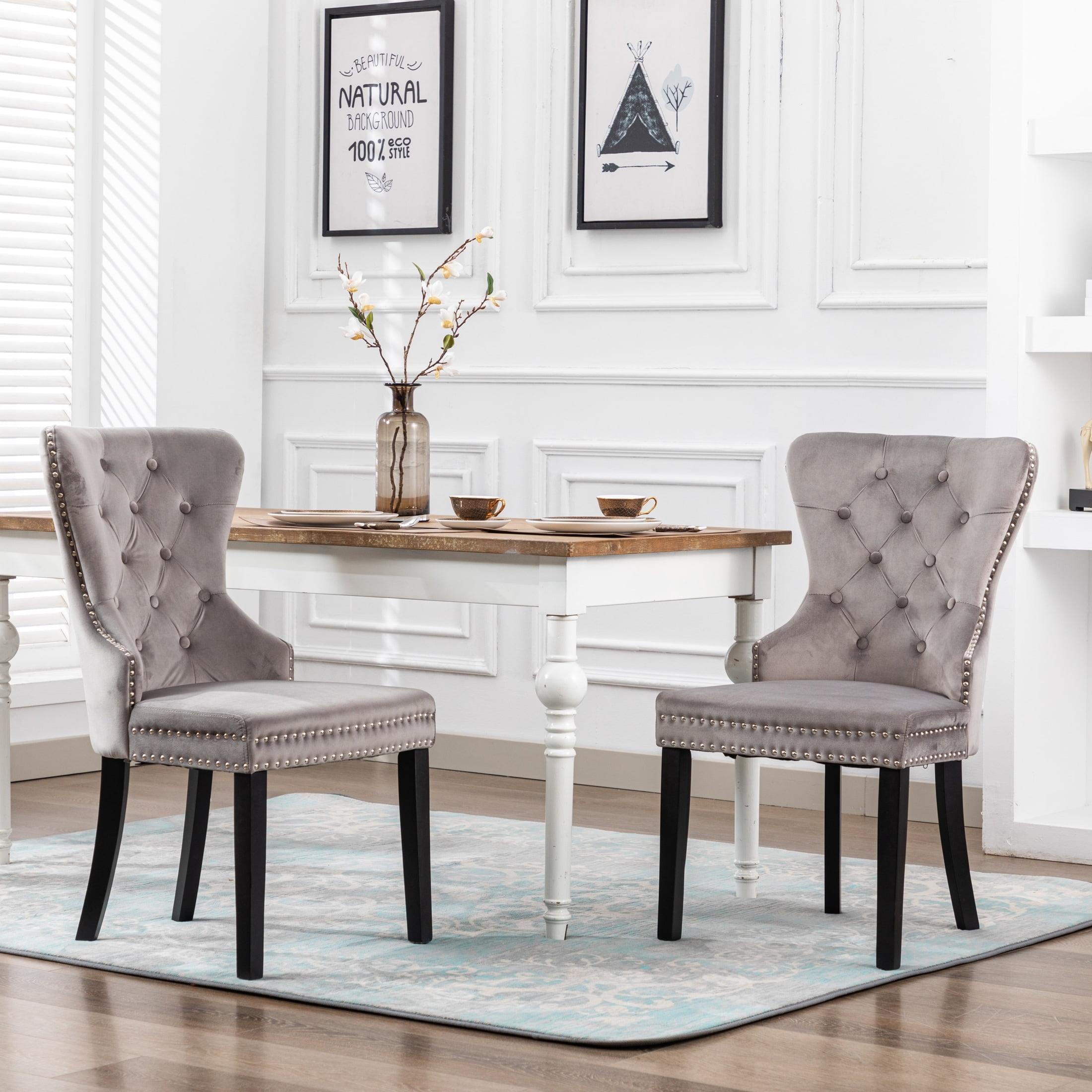 Polytrends Grandview Tufted Upholstered Dining Chair (Set of 2) with Nailhead Trim and Ring Pull Wingback Chairs Grey Velvet