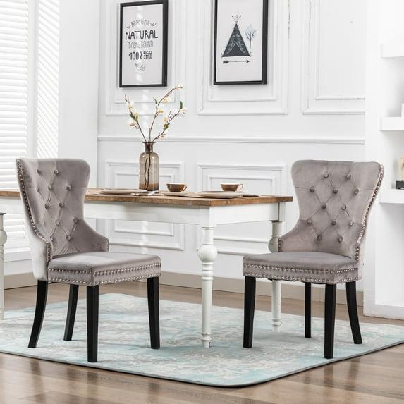 Polytrends Grandview Tufted Upholstered Dining Chair (Set of 2) with Nailhead Trim and Ring Pull Wingback Chairs Grey Velvet