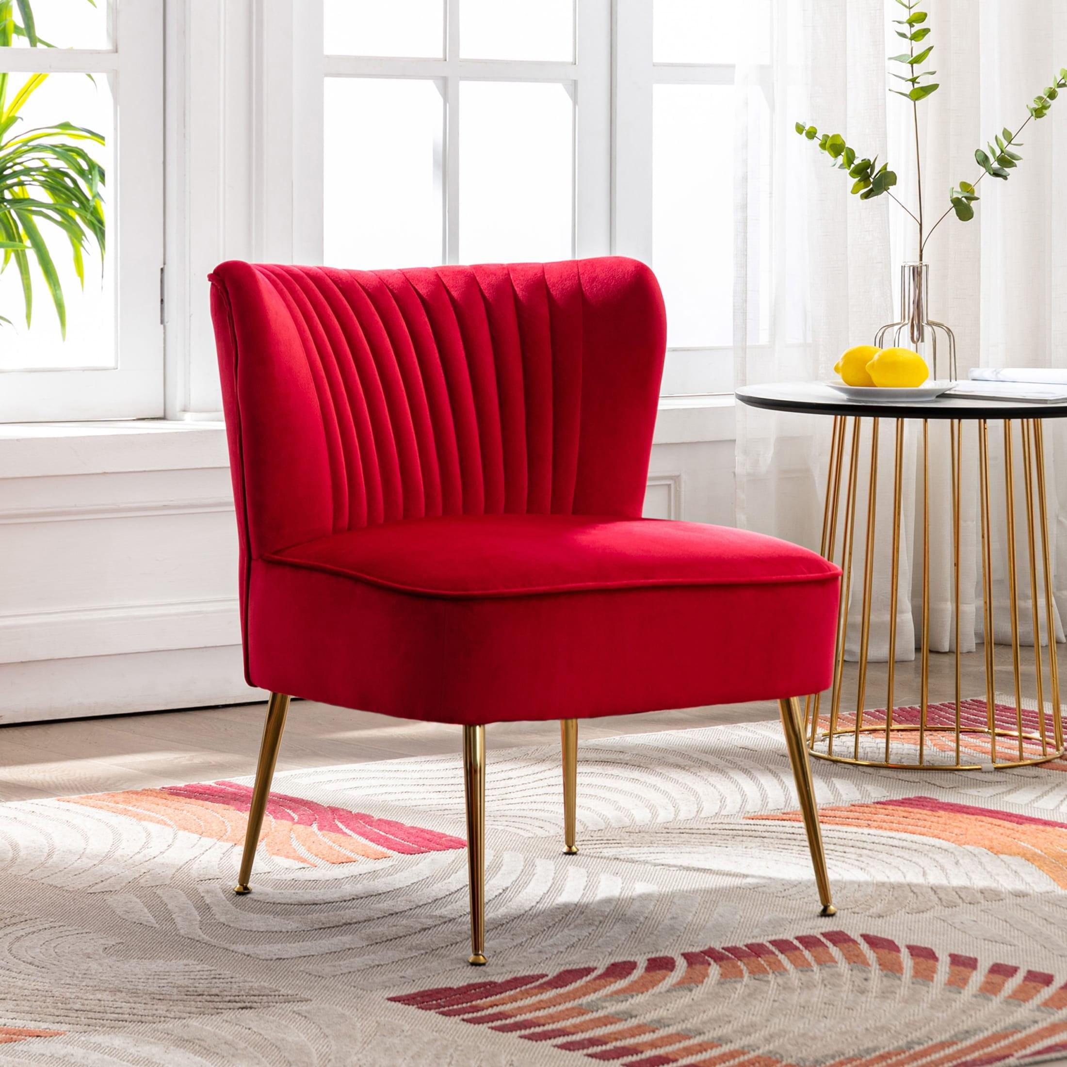 Polytrends Heaven Contemporary Velvet Upholstered Accent Chair Red Padded Seat, Tufted Cushions