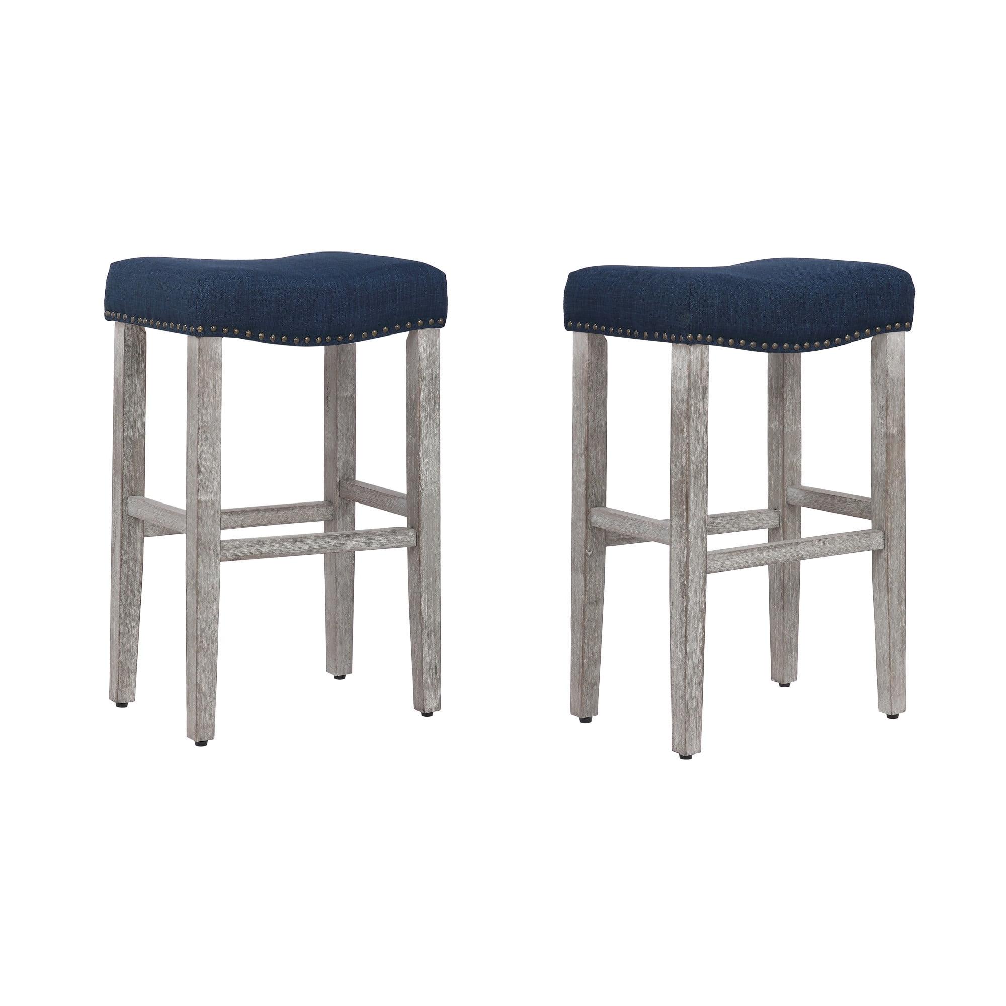 Navy Blue Backless Saddle Bar Stools with Rubberwood Legs, Set of 2