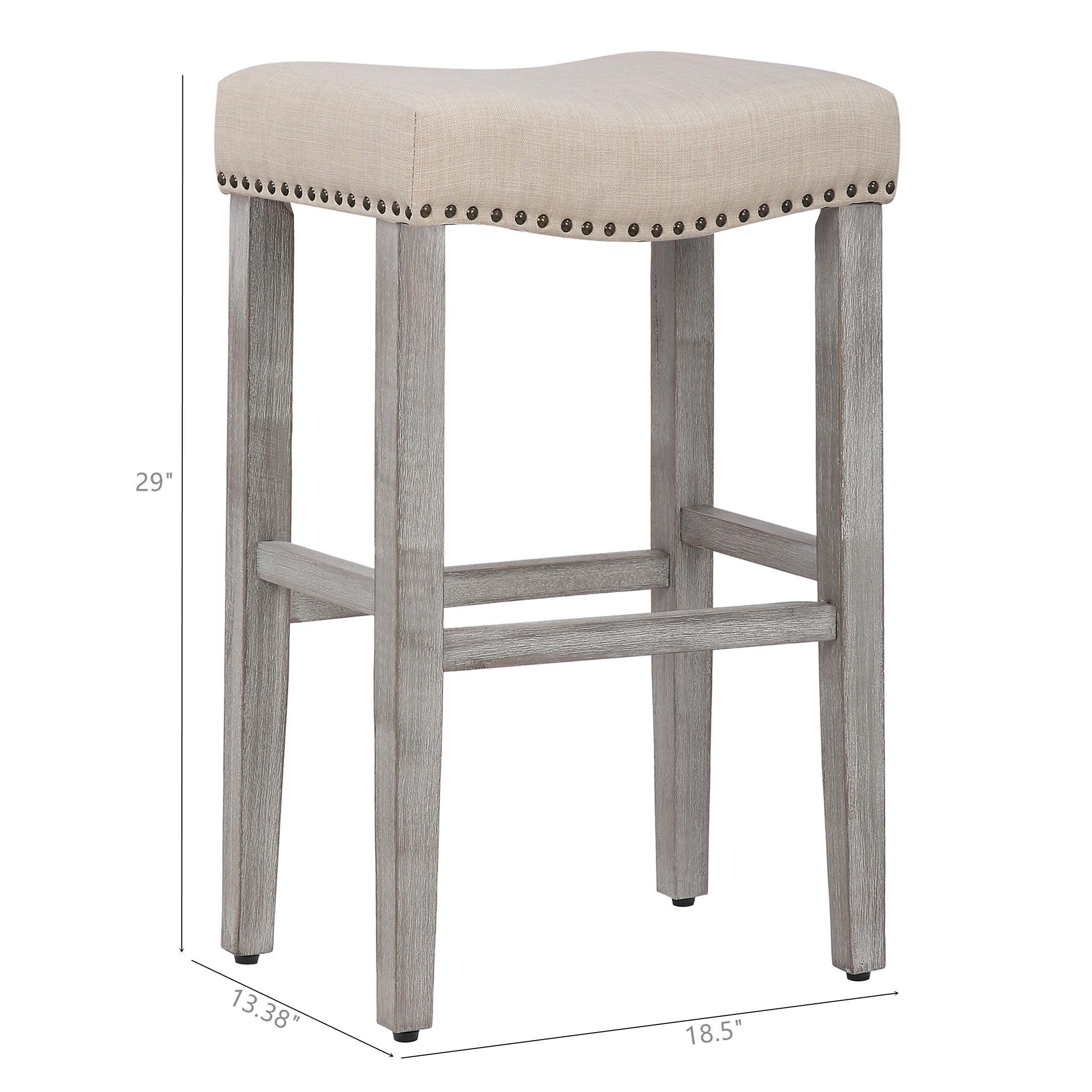 Beige Upholstered Saddle Wood Bar Stool, 29-Inch, Antique Gray Legs