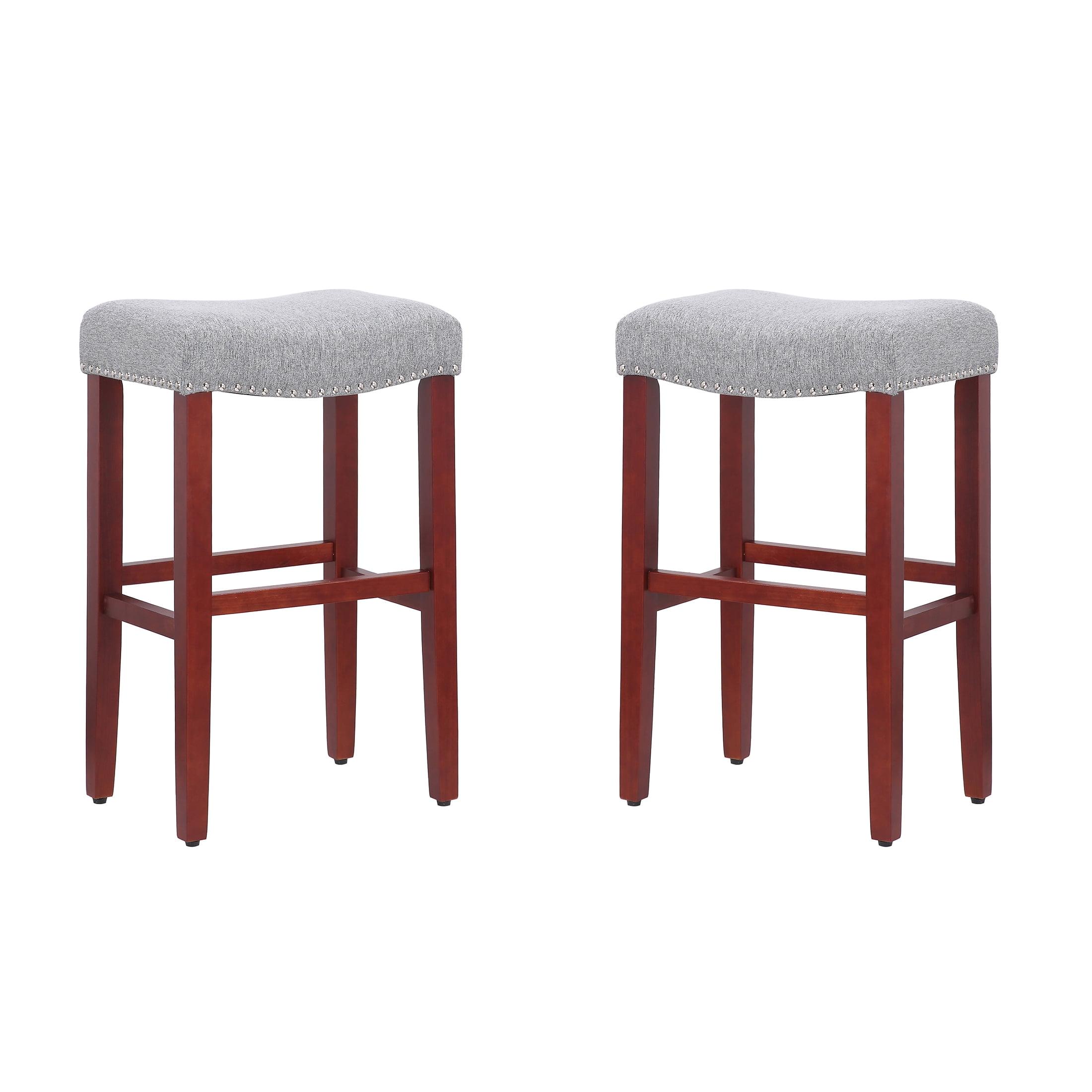 Cherry-Gray Saddle Seat 29" Bar Stool with Nailhead Trim - Set of 2