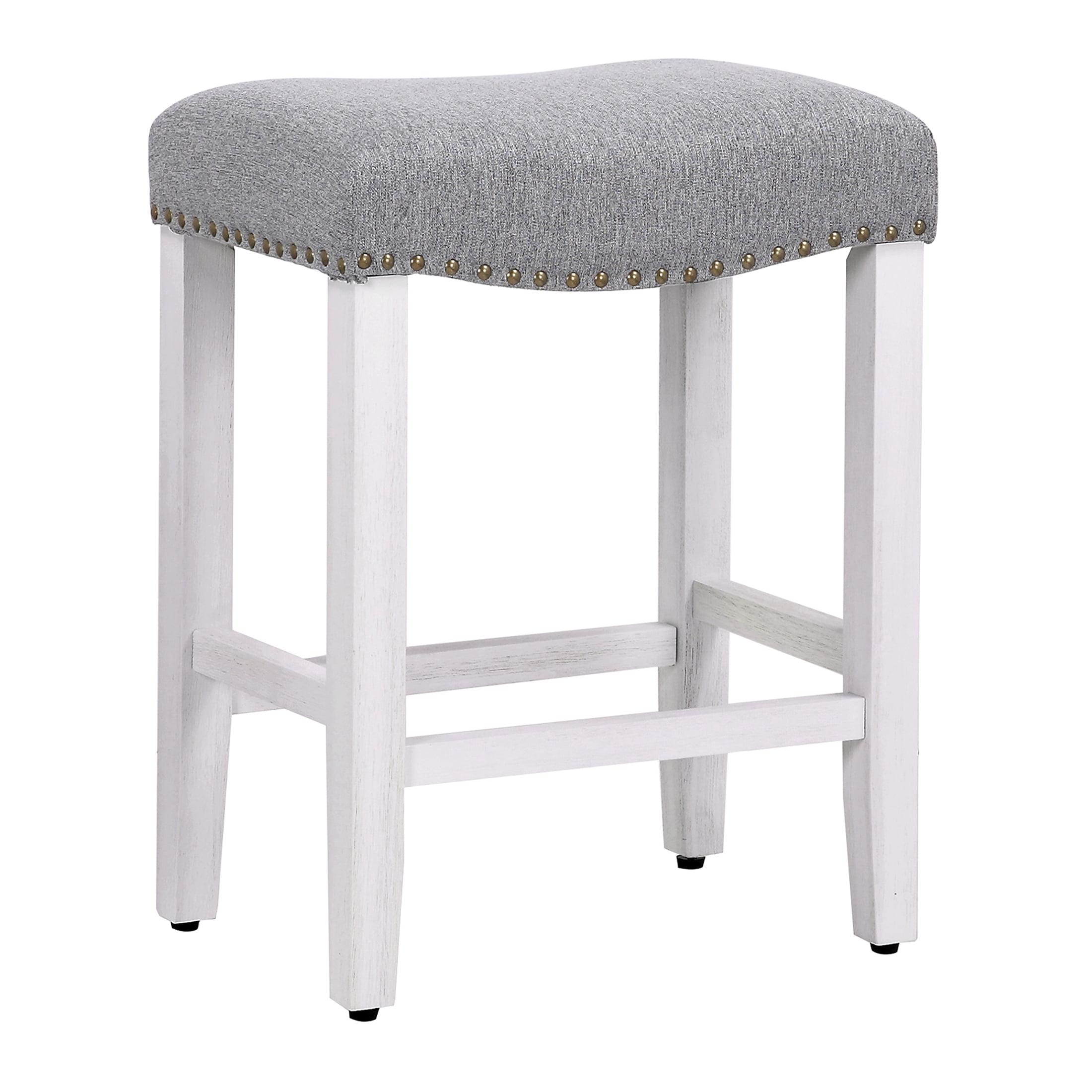 Polytrends Jameson Upholstered Polyester Antique White 24 Inch Counter Stool Antique White/Gray Wood Rubberwood Footrest Fabric Glam