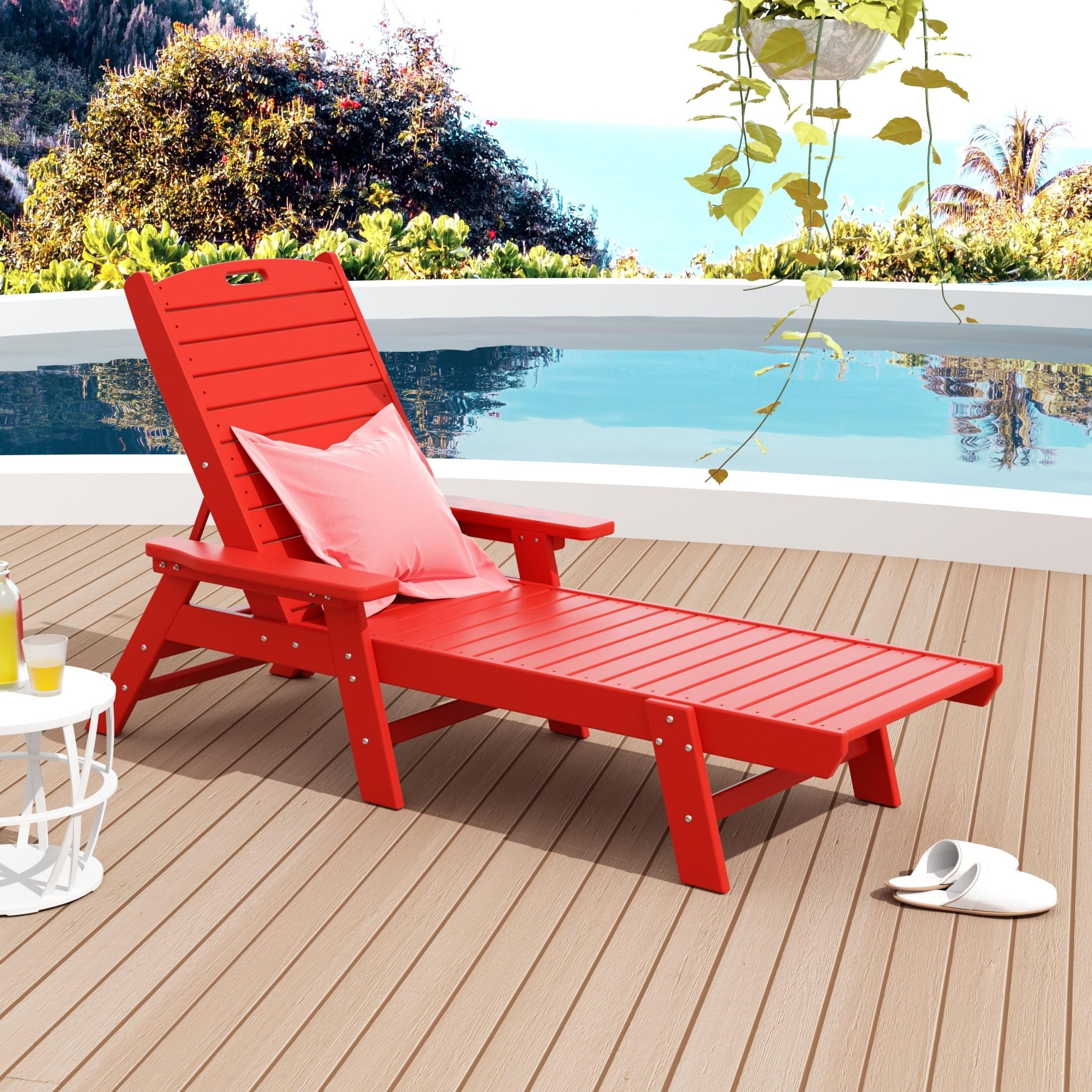 JUSTLET Adjustable Wheeled HDPE Plastic Outdoor Patio Lounge Chair W/ Cup Holder,78.3"x25.1"x16.3", Red