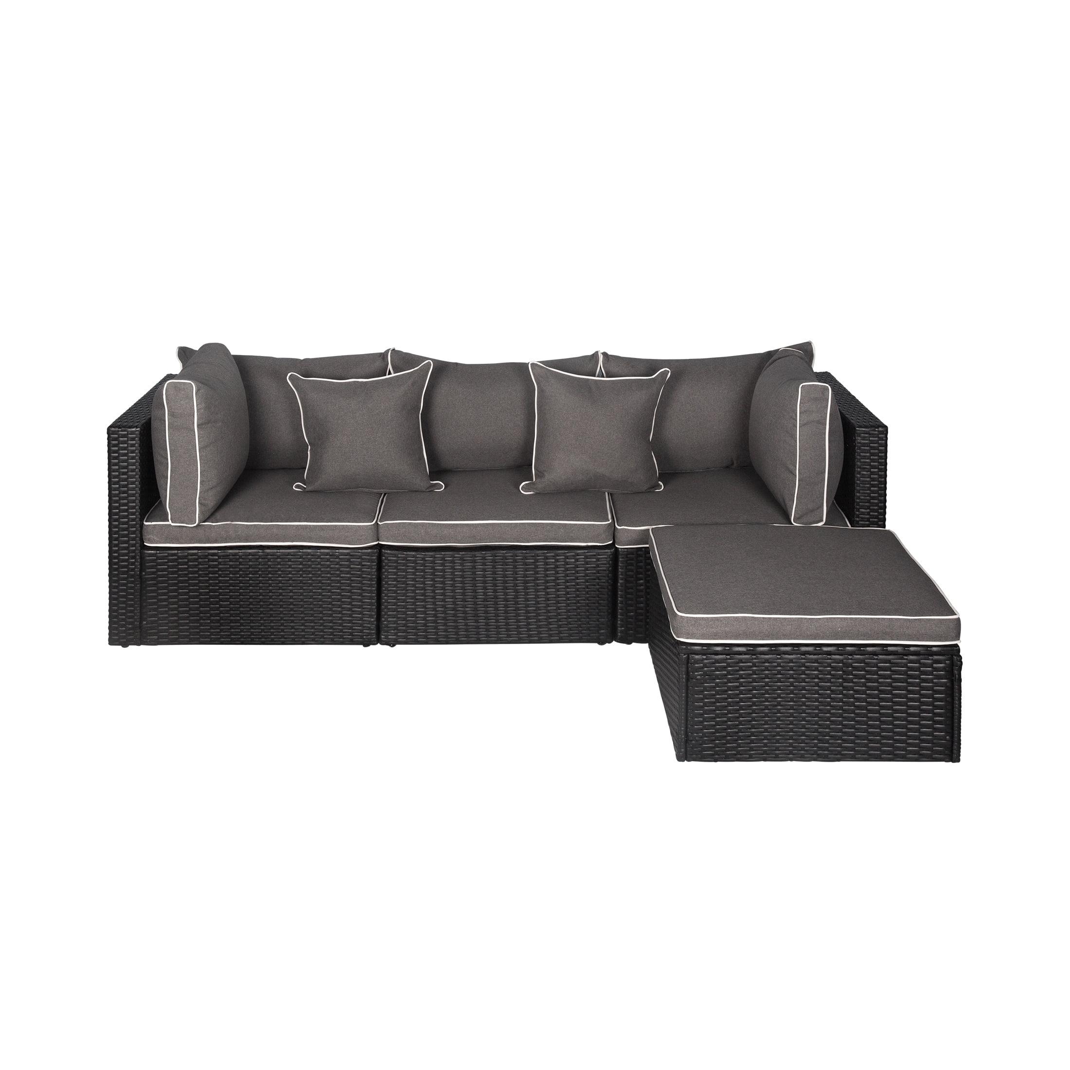 Contemporary 5-Seat Wicker Sectional Sofa Set in Black/Gray