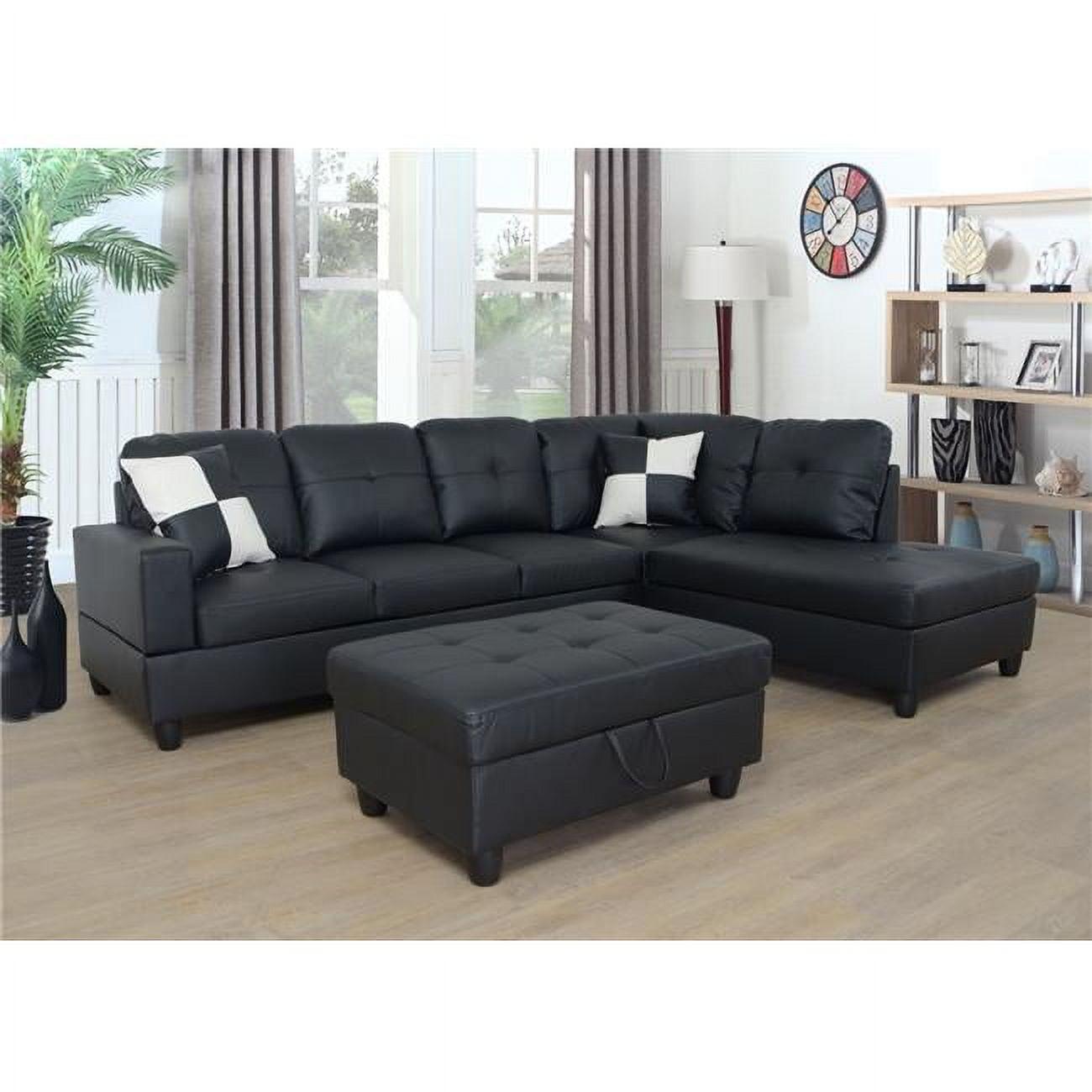 Black Tufted Faux Leather 3-Piece Sectional Sofa with Storage Ottoman