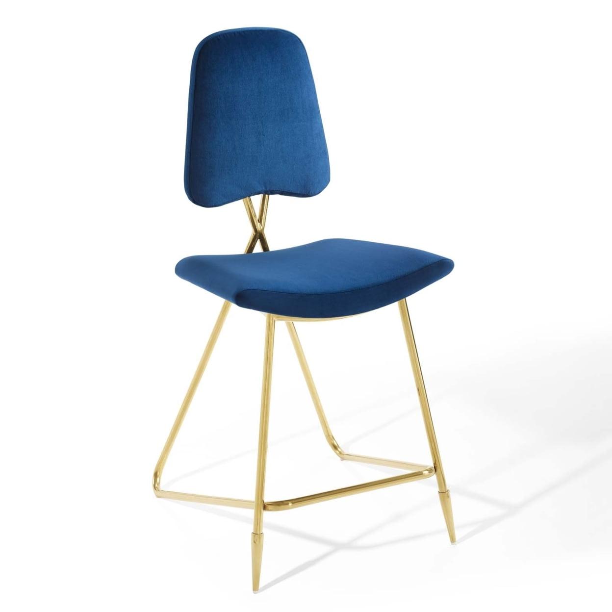 Navy Velvet Upholstered Counter Stool with Gold Stainless Steel Legs