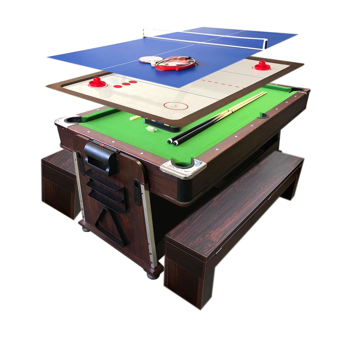 7ft Cherry Wood 4-in-1 Pool, Air Hockey, Ping Pong Table with Benches