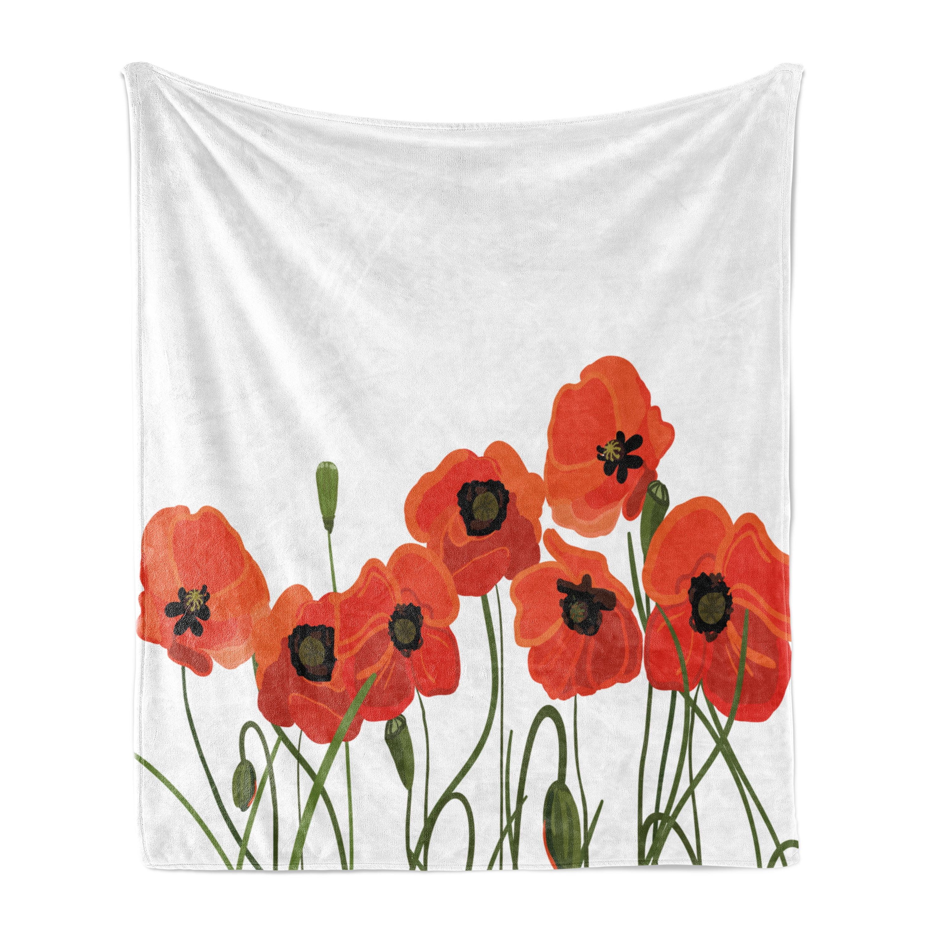 Ambesonne Poppy Flower Fleece Throw Blanket Vibrant Bloom Bouquet 50"x70" Olive Green Vermilion