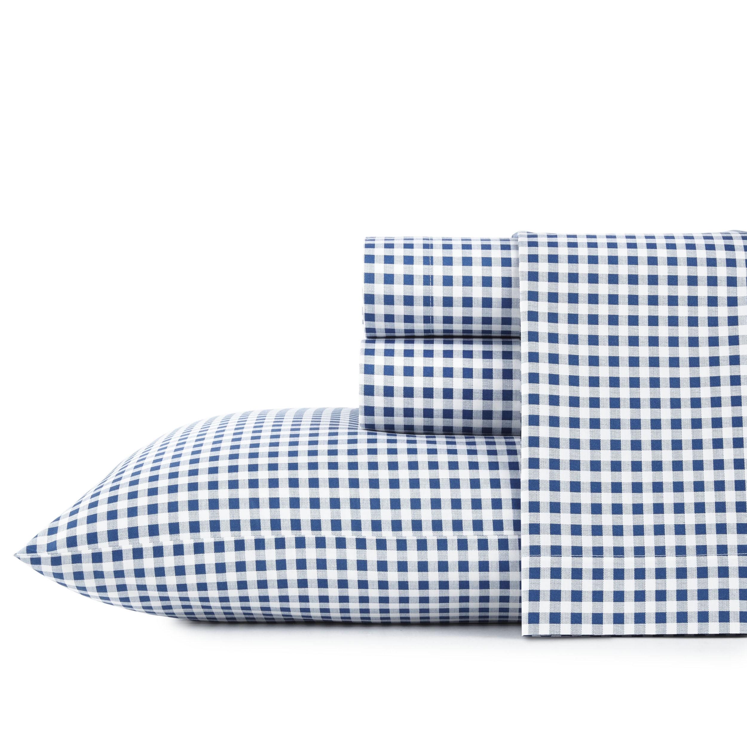 Poppy & Fritz Gingham Plaid Cotton Blue 4 Piece Sheet Set-Full