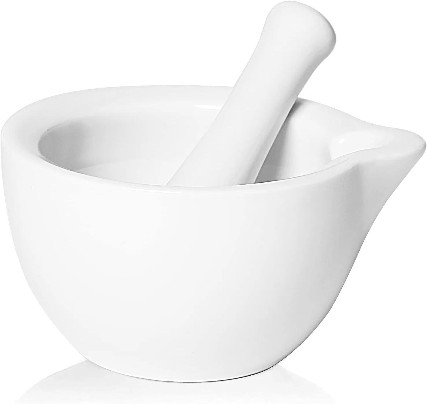 White Ceramic Mortar and Pestle Set with Pour Spout, 4.6-inch