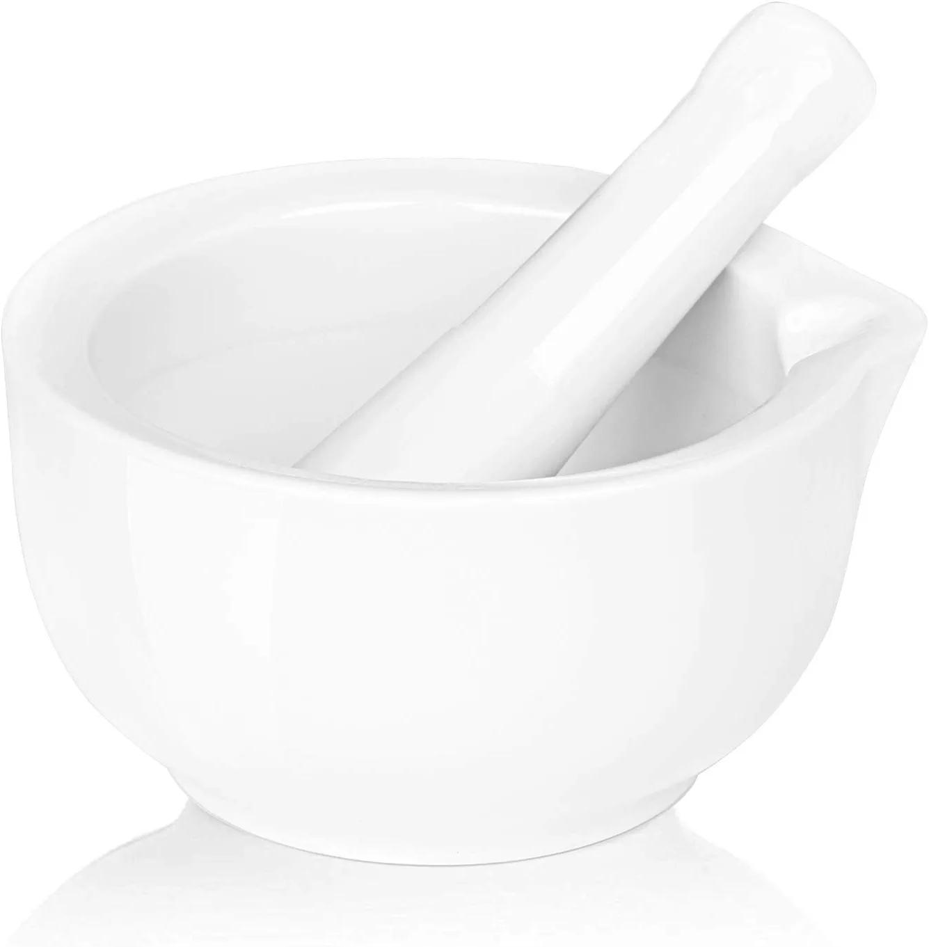 White Ceramic Mortar and Pestle Set with Pour Spout, 4.6-inch