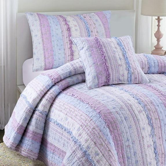 Porch & Den  Gwinnett Chic Lace Quilt Bedding Set Lavender King Adult Cotton Patchwork,Striped,Floral 3 Piece Shabby Chic