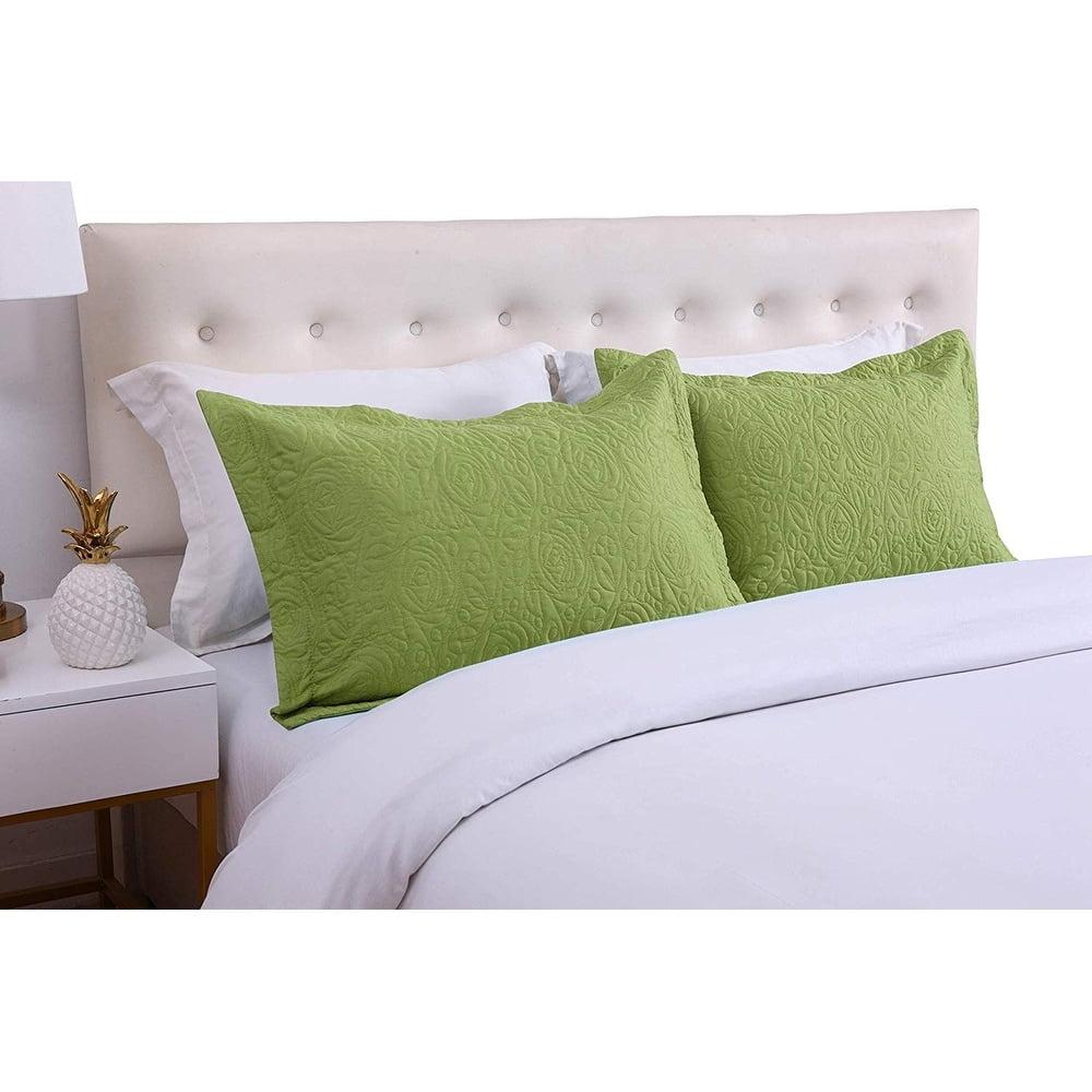 Green Embroidered Cotton and Polyester Standard Pillow Shams