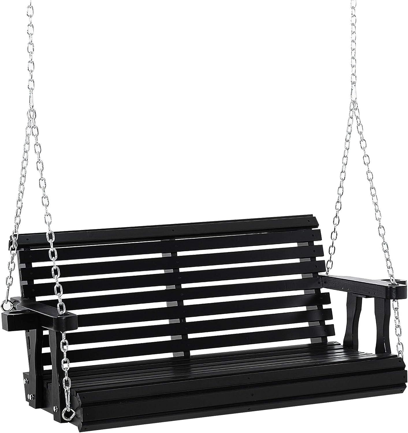 Outsunny 46" 2-Person Porch Swing Wooden Patio Swing Bench with Cup Holders, Slatted Design, & Chains Included, 440lb Weight Capacity, Black