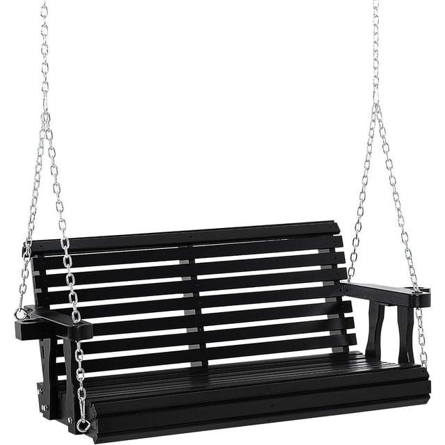 Outsunny 46" 2-Person Porch Swing Wooden Patio Swing Bench with Cup Holders, Slatted Design, & Chains Included, 440lb Weight Capacity, Black