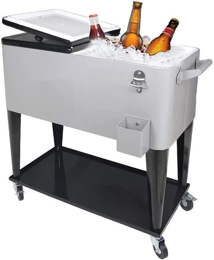 Gray 80QT Rolling Steel Cooler Cart with Wheels and Shelf