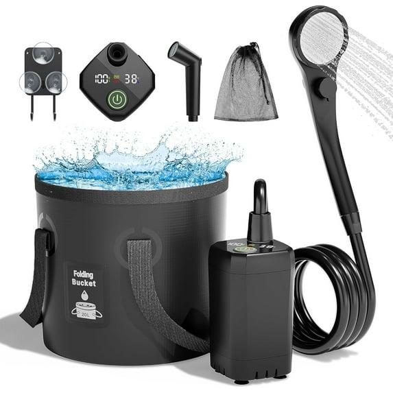 Portable Camping Shower, 6000mAh Rechargeable Shower Pump, Filtered Shower Head & 5 Gallons Foldable Bucket, Outdoor Shower for Hiking, Beach, Travel, Pet Bath, Car Washing, Surf & Boat Cleaning