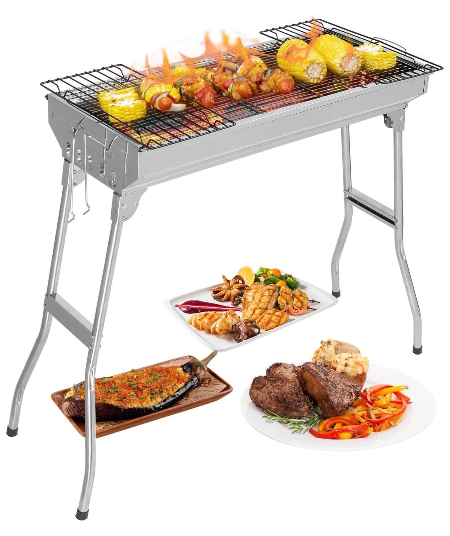 Portable Charcoal Grill, 28x 13 x 27" Foldable Barbecue Grill, Stainless Steel BBQ Grill for Outdoor Cooking Camping Hiking Picnic Garden Beach Party