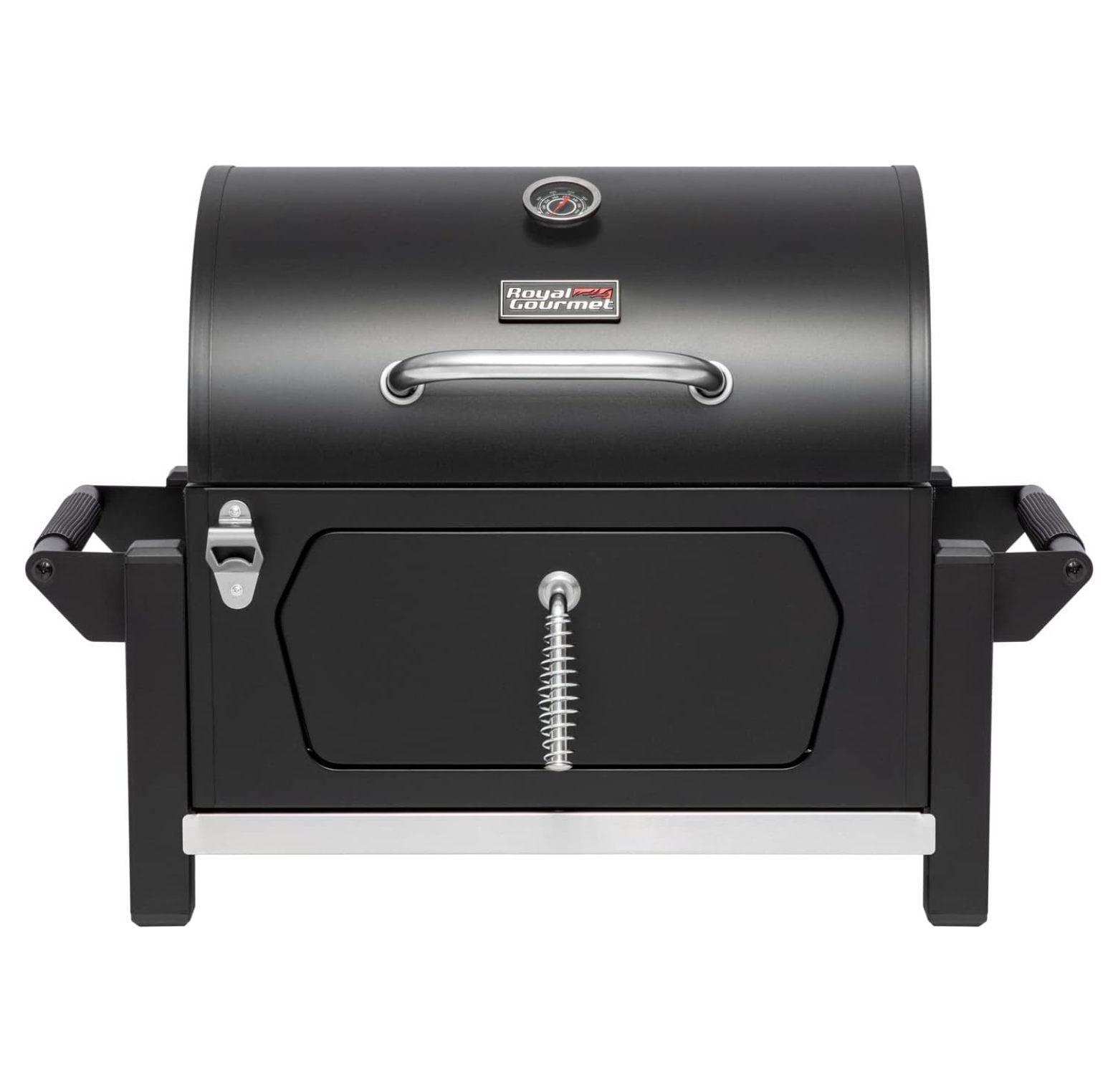 Compact Black Steel Portable Charcoal Grill with Warming Rack