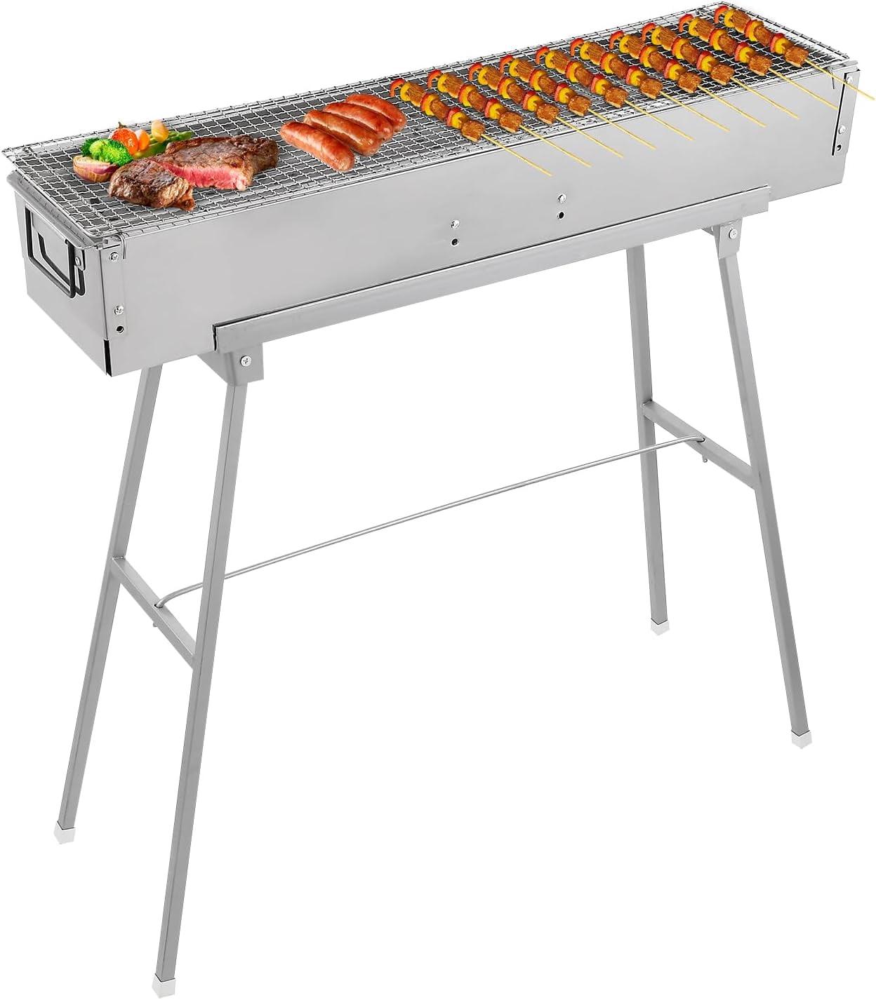 Portable Charcoal Grills, 32" x 8" Stainless Steel Folded Camping Grill Kebab Skewer BBQ Barbecue Grill Kit for Garden Backyard Party Picnic Travel Home Outdoor Cooking Use