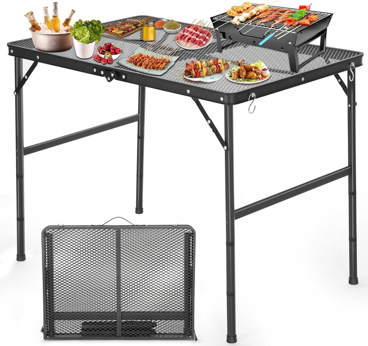 Folding Grill Table Camping Table with Mesh Desktop, Lightweight & Portable Outdoor Picnic Table, Height Adjustable Portable Grill Table for Outside Inside Use