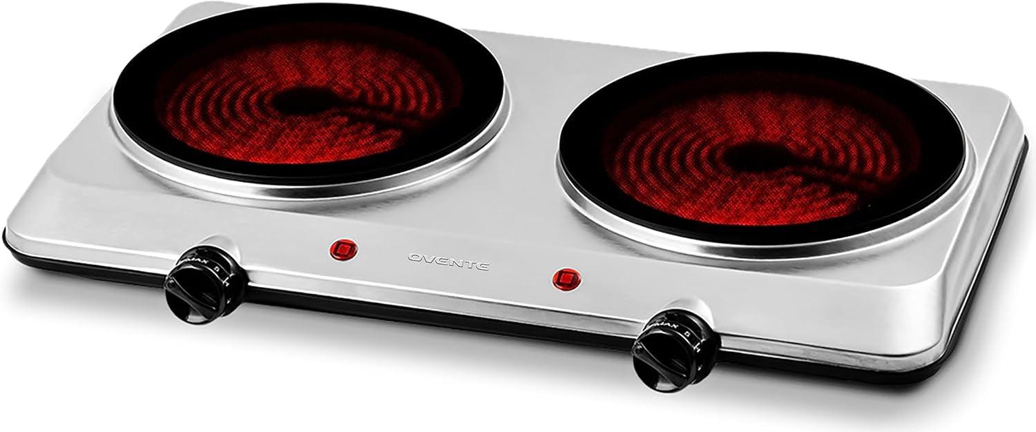 Portable Infrared Double Burner with 1500W Electric Hot Plate, 7.5" Ceramic Glass Cooktop, 6 Level Temperature Control, Easy To Clean Base - Silver BGI202S