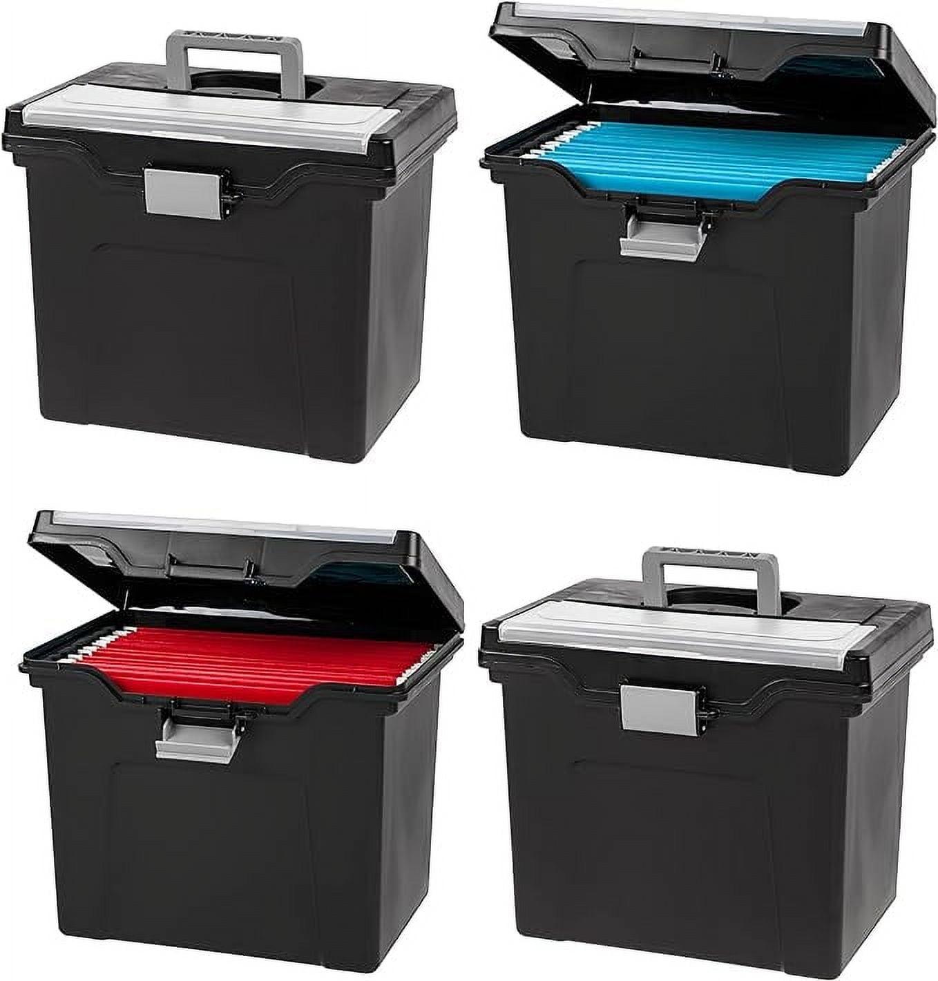 IRIS USA File Box Portable File Organizer Plastic File Box for Letter File w/ Organizer-Lid, Black 4 Pack