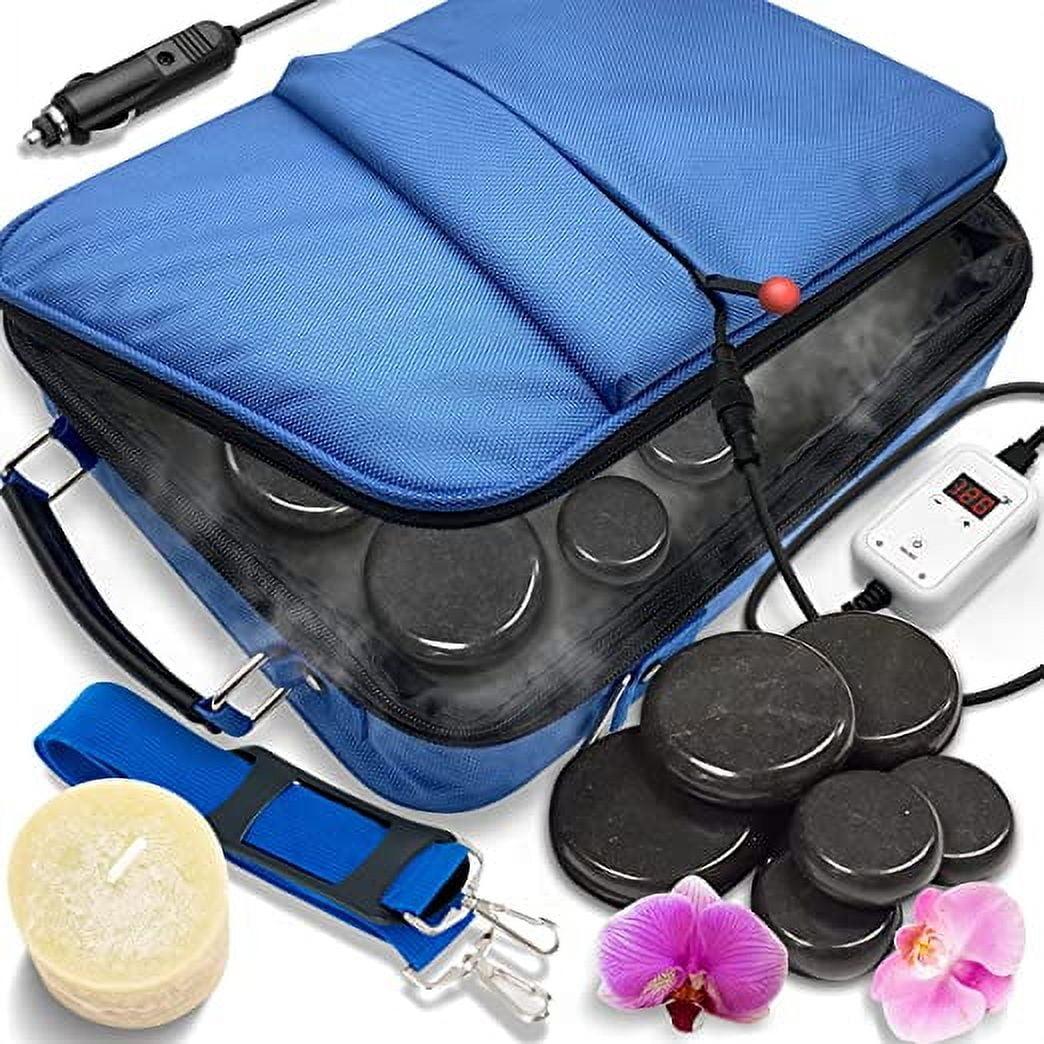Portable Hot Stone Massage System for Relaxation with Digital Temp Controller, 12 Basalt Stones, Blue