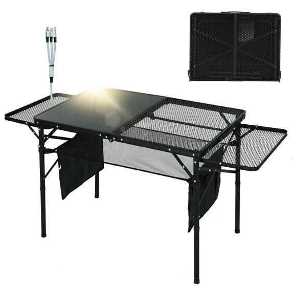 Portable Solar Camping Grill Table with USB, Type-C & DC Outlets, Folding Design, 2 Side Shelves & Storage Bag