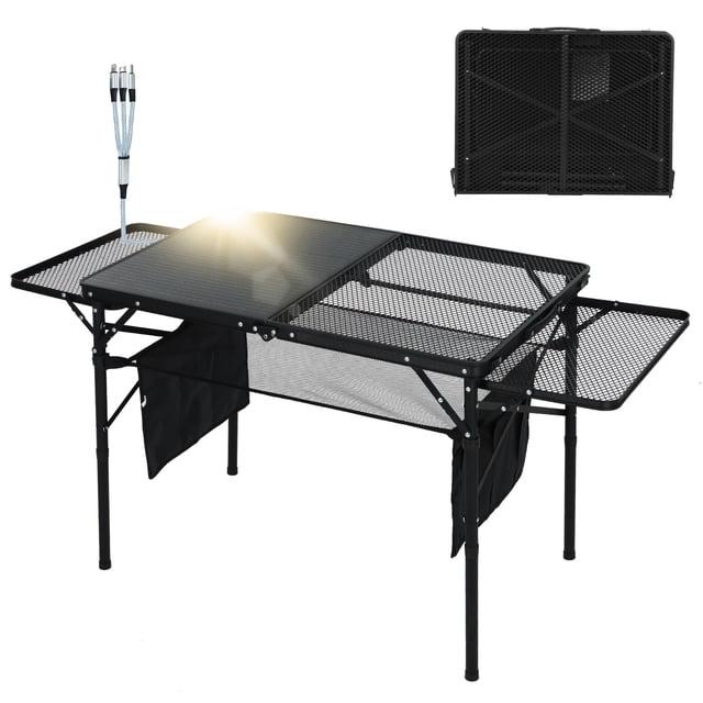 Portable Solar Camping Grill Table with USB, Type-C & DC Outlets, Folding Design, 2 Side Shelves & Storage Bag