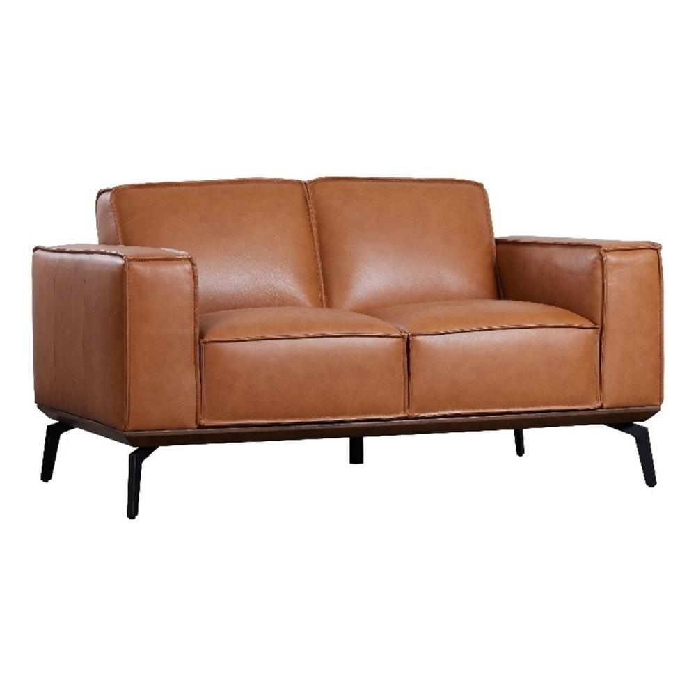 Caramel Leather Loveseat with Black Metal Legs and Wood Trim