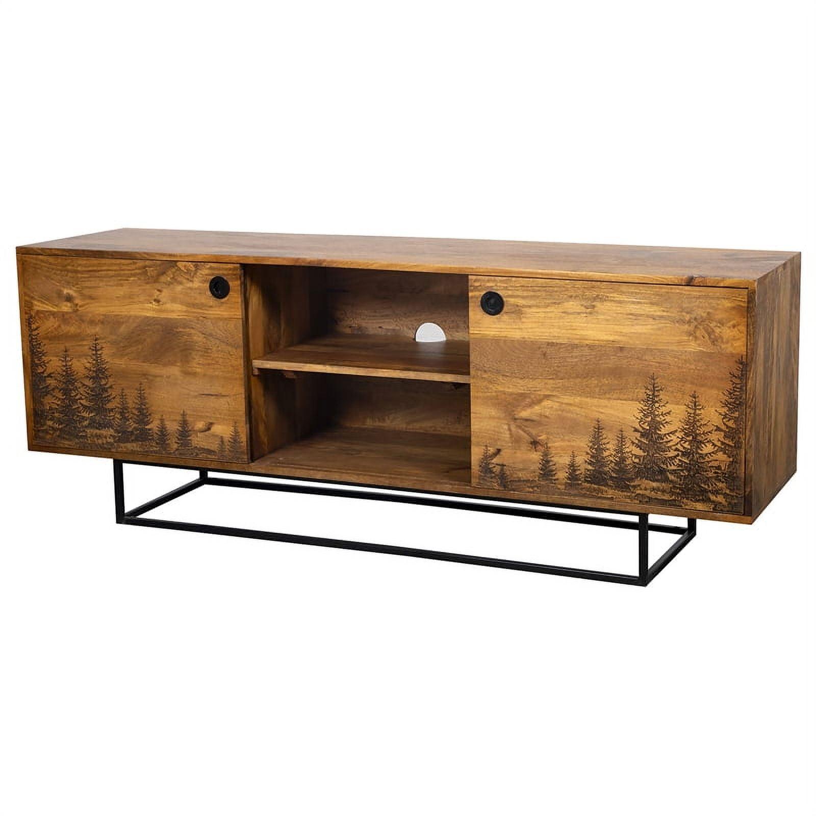 Cascade 64'' Black Laser Etched Fir Trees Solid Mango Wood TV Stand