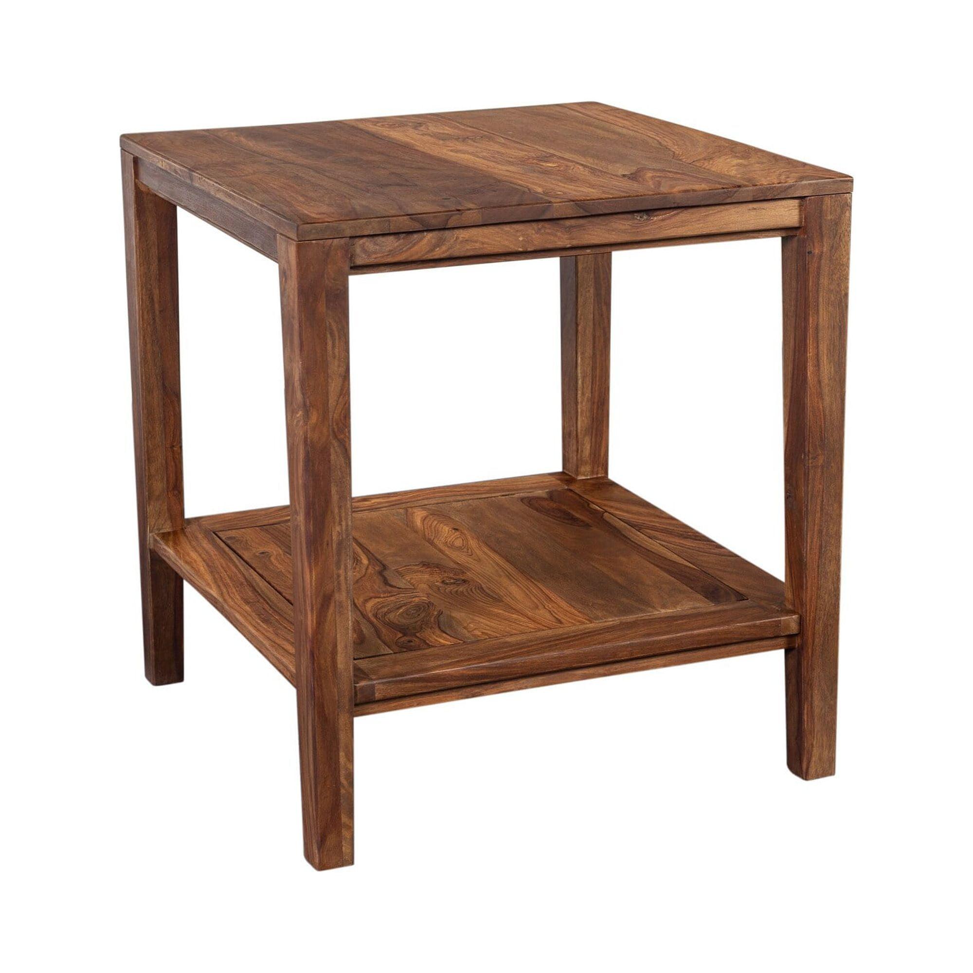 Natural Sheesham Wood Square End Table with Shelf