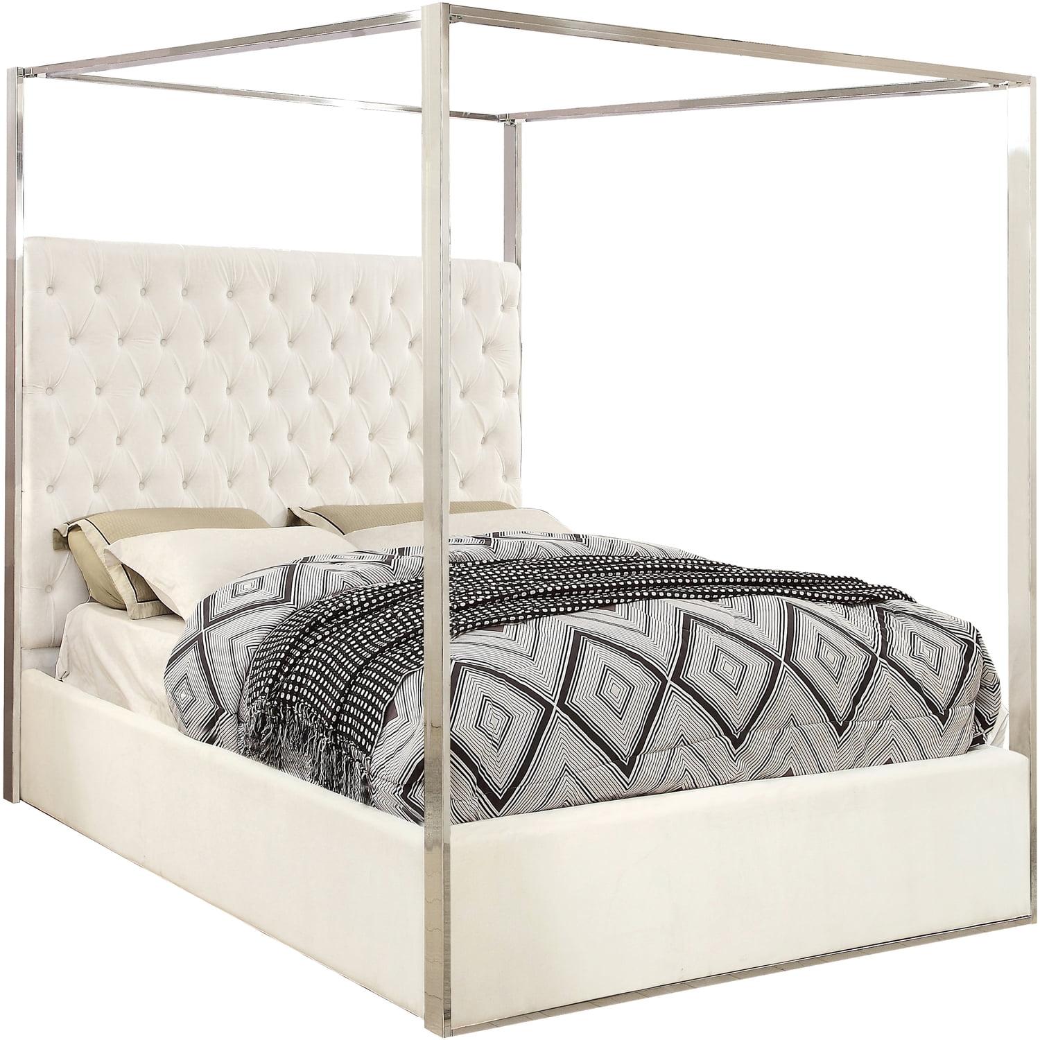 White Velvet Upholstered Queen Platform Bed with Tufted Headboard