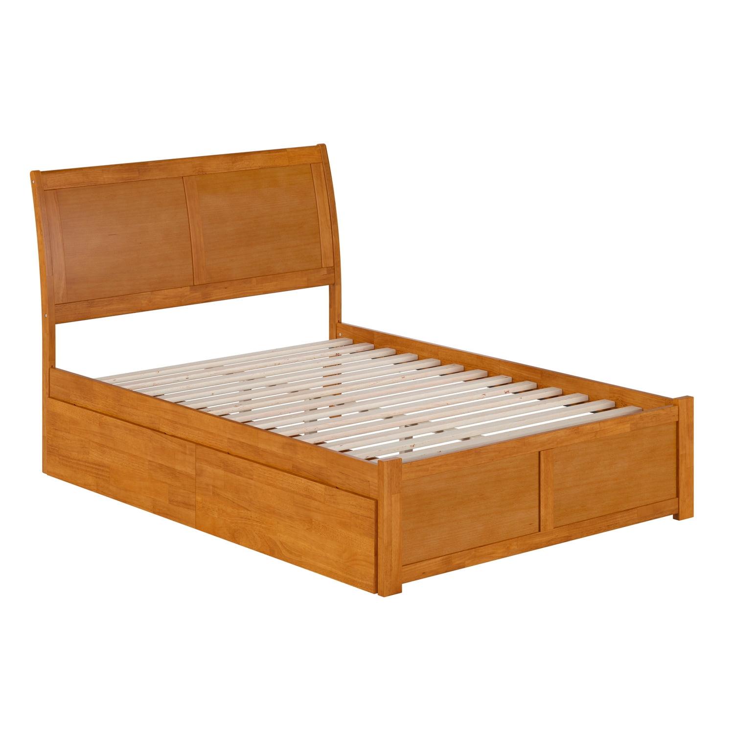 Light Toffee Full Wood Platform Bed with Sleigh Headboard and Storage Drawers