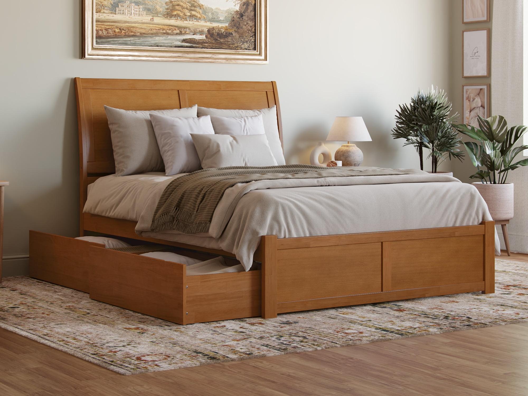 Madison Solid Wood Platform Bed with Footboard & Storage Drawers in Light Toffee