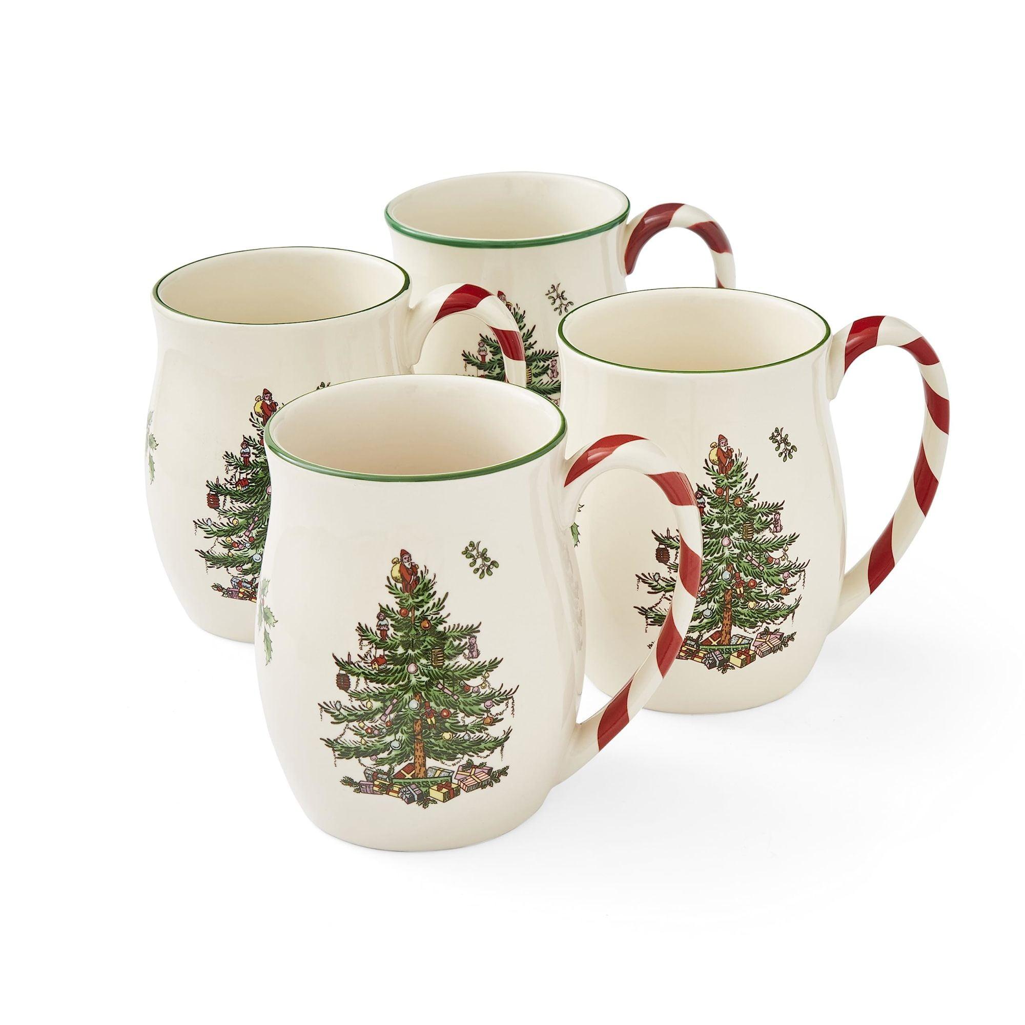 Christmas Tree Ceramic Mugs with Peppermint Handles, Set of 4