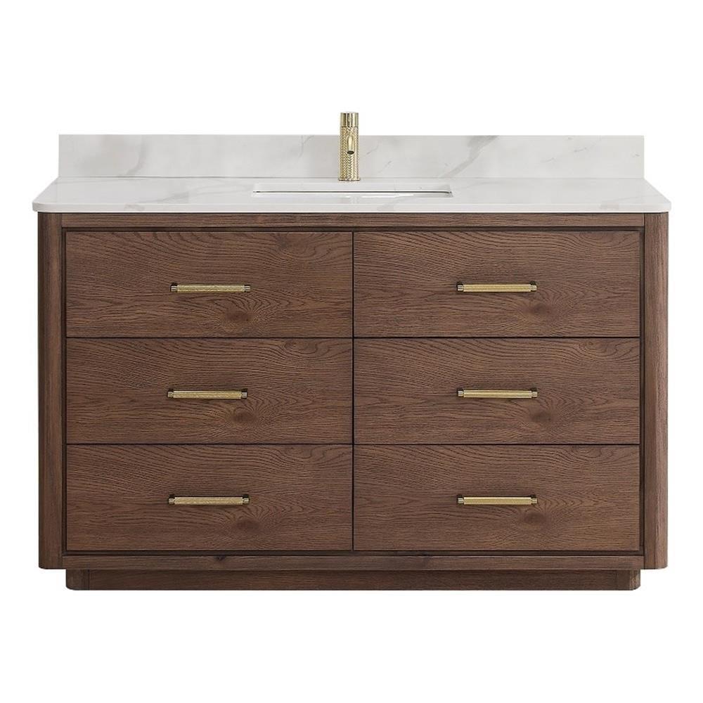 Porto 55" Aged Dark Brown Oak Single Bath Vanity with Fish Maw White Quartz