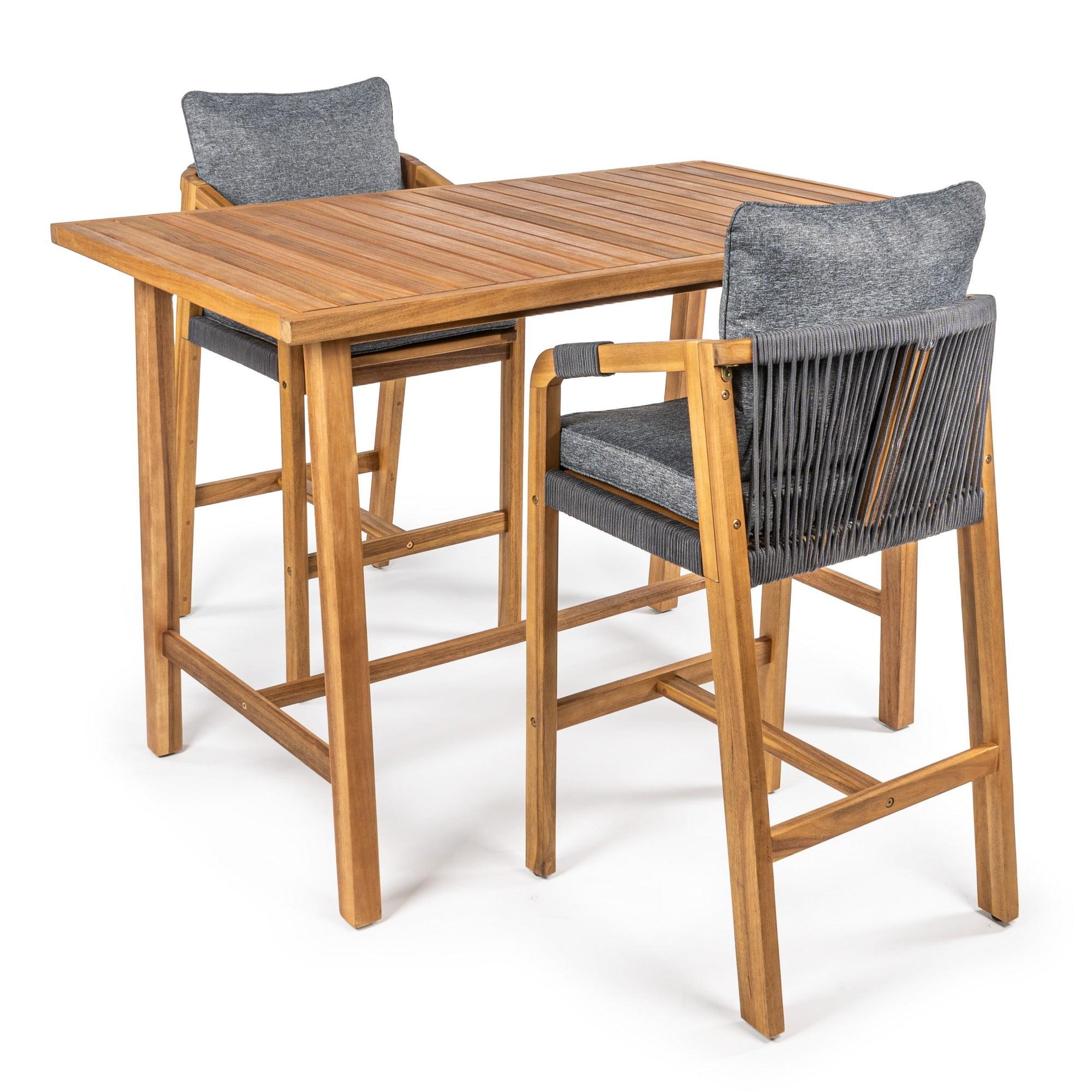 Porto Modern Coastal 3-Piece Acacia Wood Outdoor Bar Set with Cushions